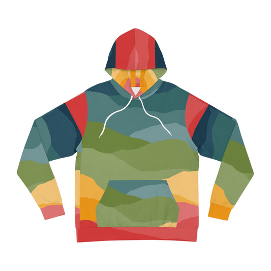 A flat-lay of a unisex hoodie with a colorful abstract landscape design in layered tones of green, blue, red, yellow, and coral, featuring white drawstrings and a front pocket.