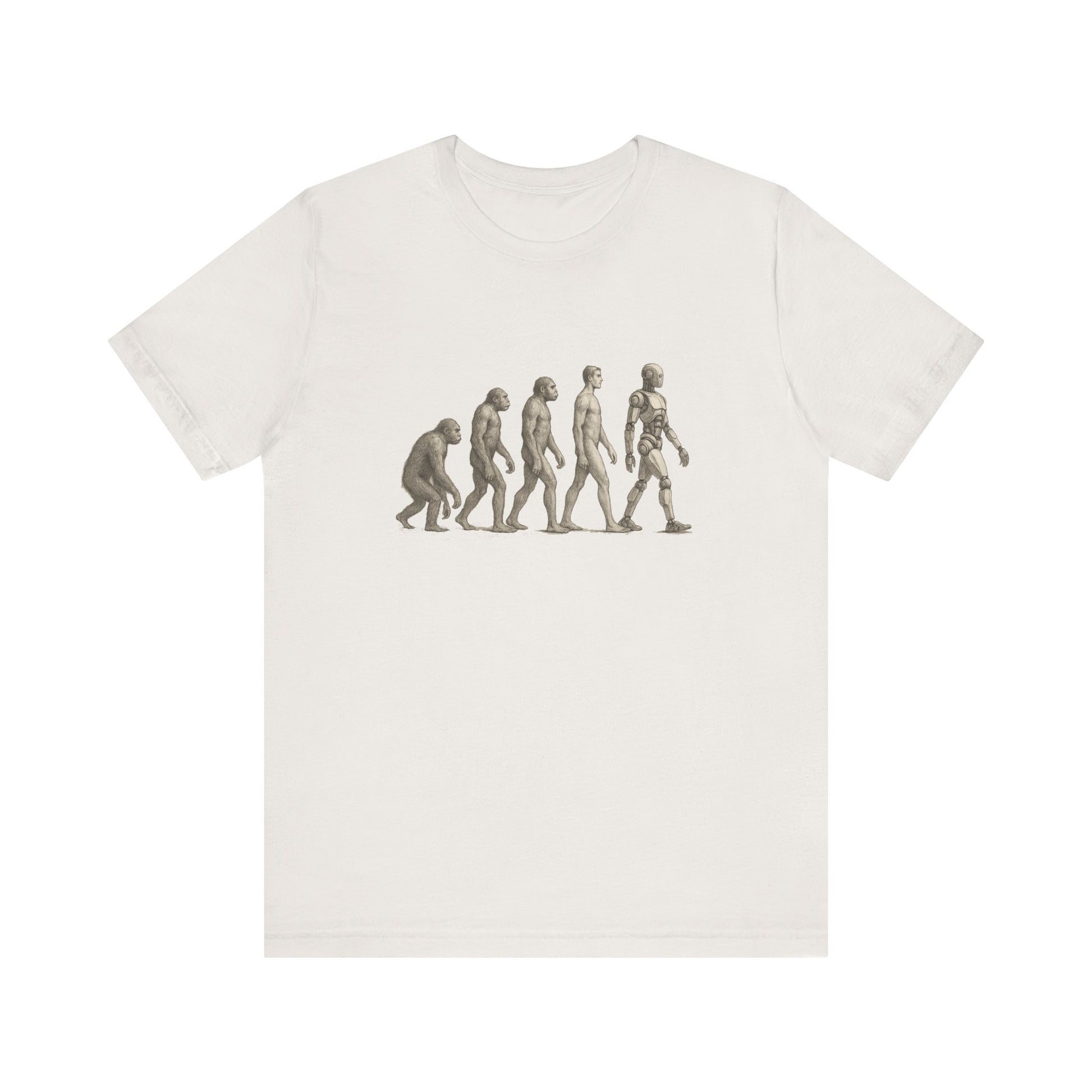 White t-shirt featuring human evolution graphic from ape to robot