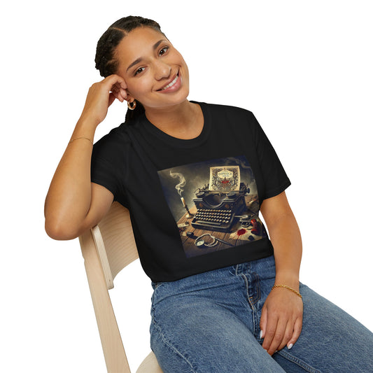 Agatha Mystery Novel Cover T-Shirt featuring a vintage typewriter and noir crime scene art, perfect for writers and book lovers.