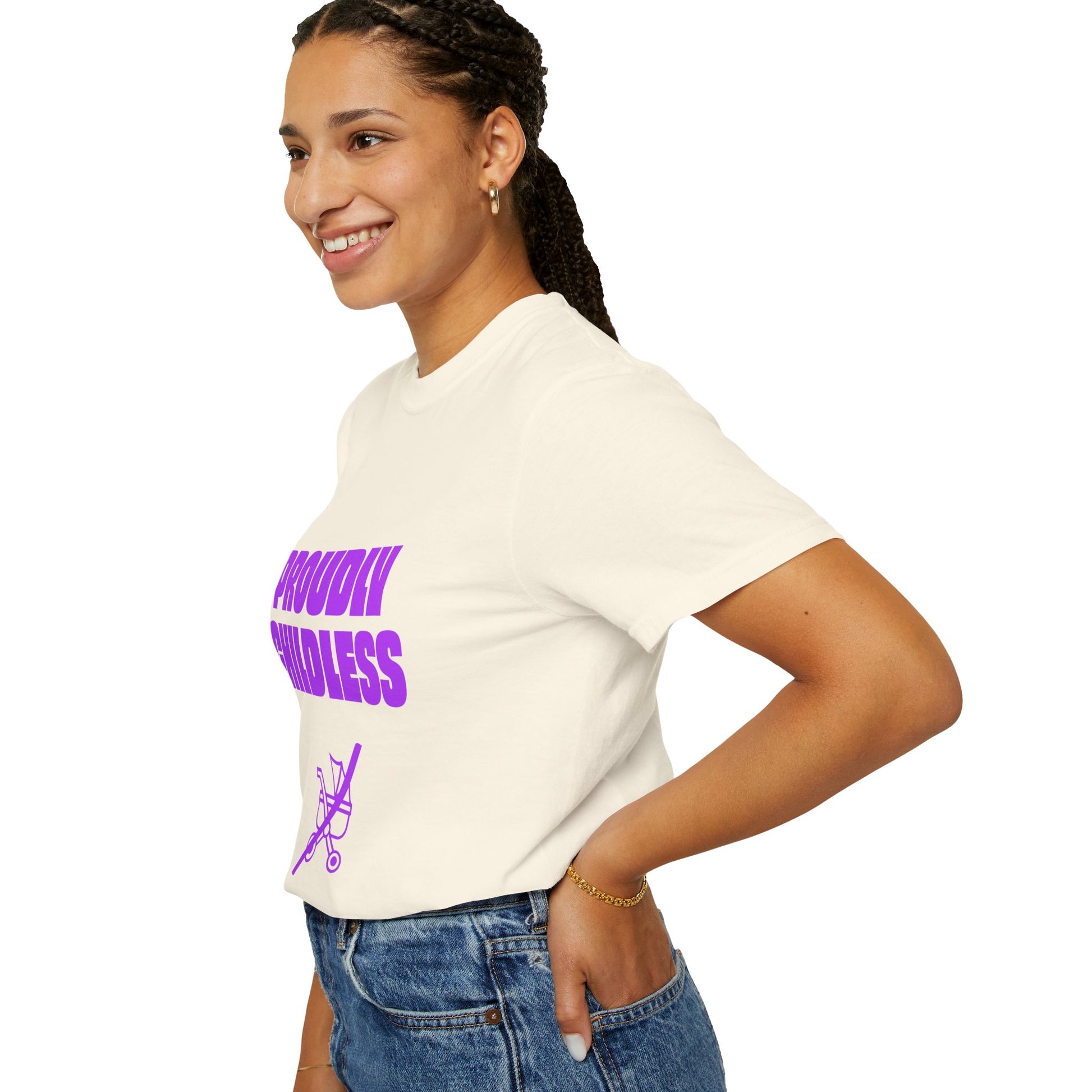 Woman side view wearing beige Proudly Childless T-Shirt with purple text