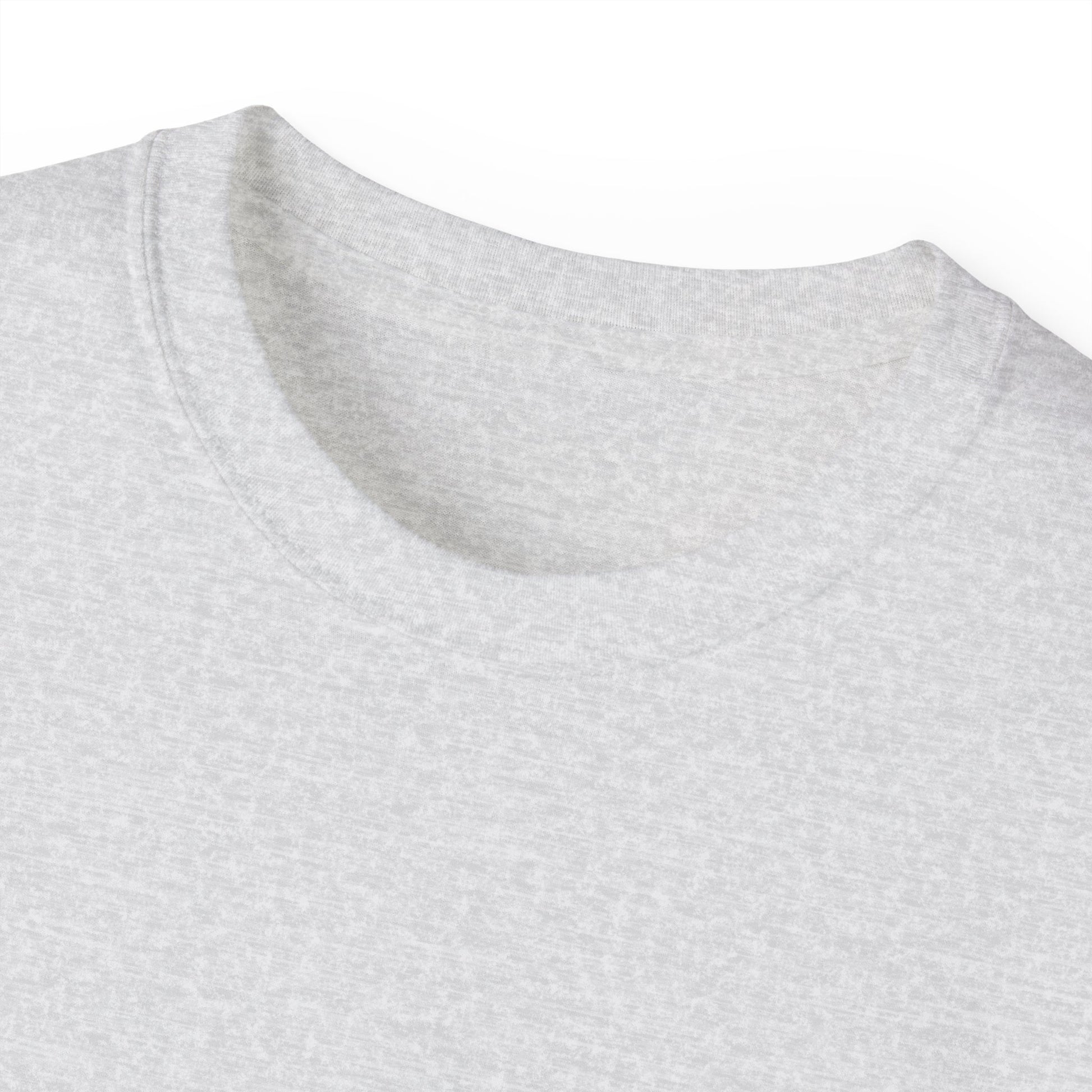 Close-up of the heather gray T-shirt collar showing stitching and ribbed texture.