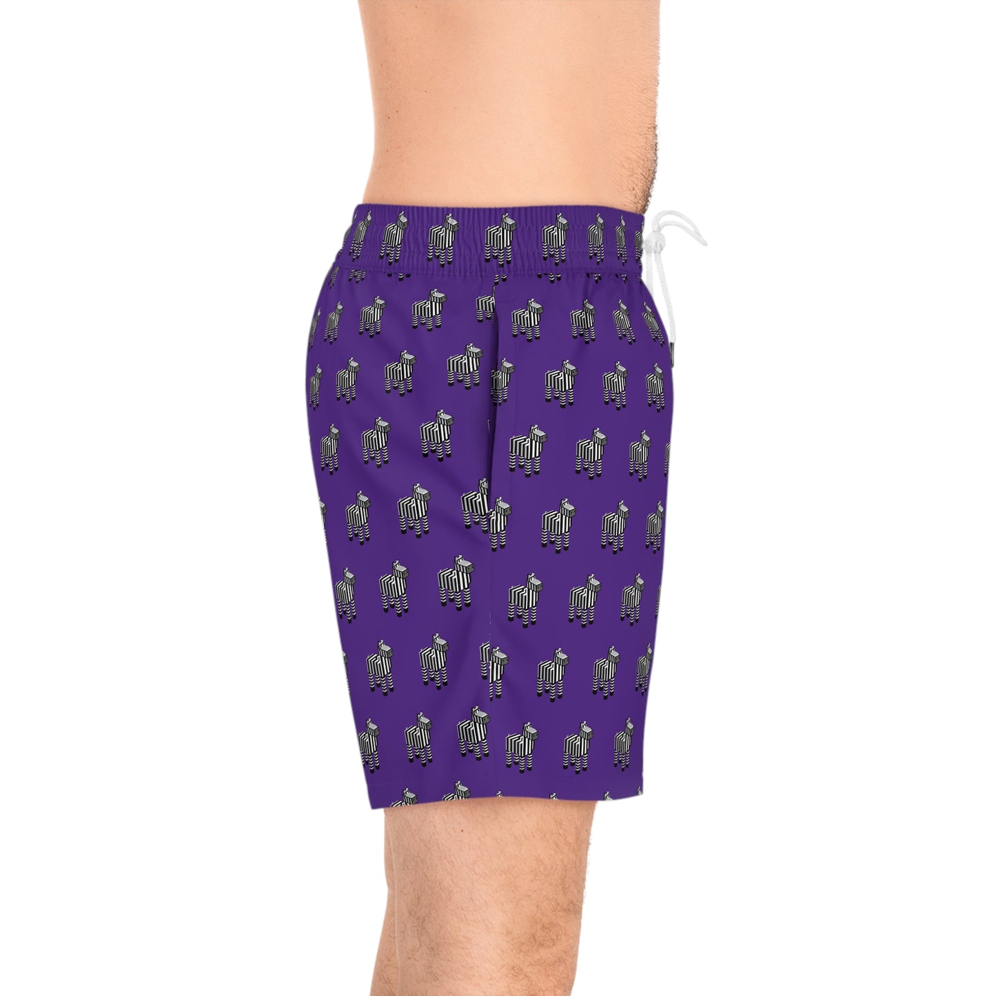 Side view of man wearing purple swim shorts with retro 8-bit character print.