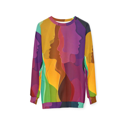 A vibrant, abstract sweatshirt featuring layered silhouettes in rich hues of purple, yellow, and green, creating a unique artistic fashion statement.