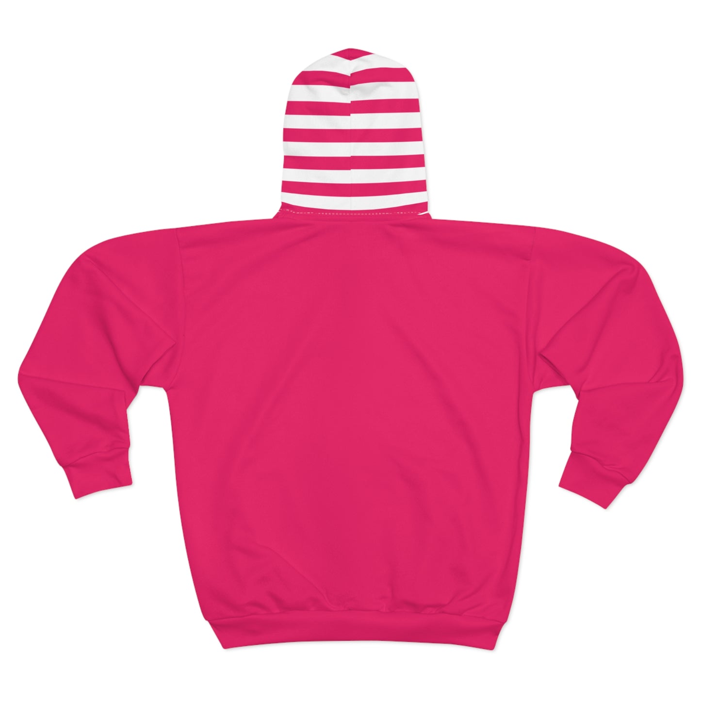Back flat lay view of hot red hoodie showing clean red back and striped hood exterior