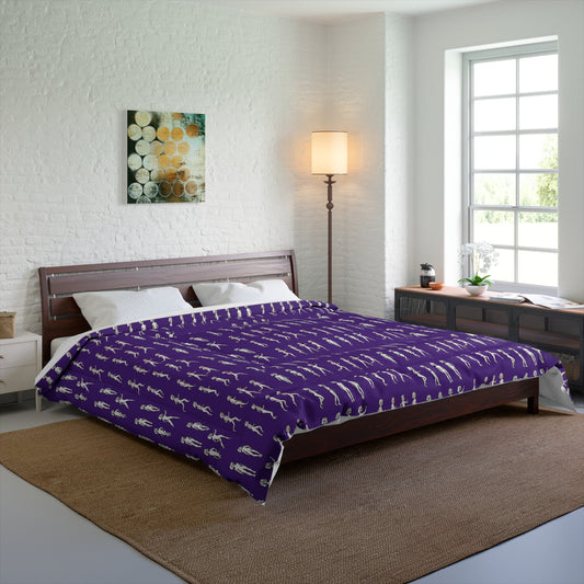 “Running Out” comforter on a modern bed in a bright, minimalist bedroom – deep purple quilt with white motion figure artwork, styled with neutral decor and soft lighting.