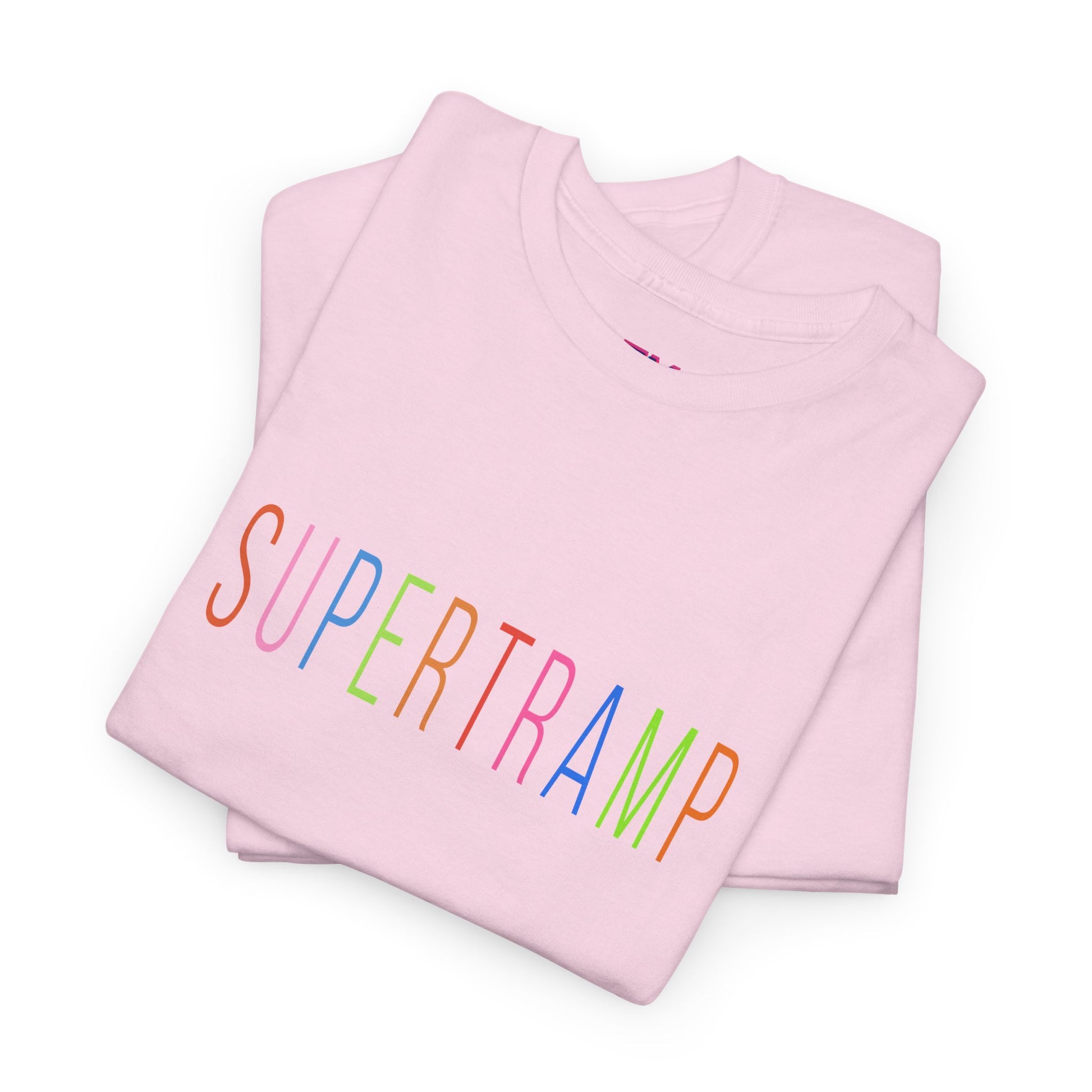 Stacked folded light pink Supertramp t-shirts with colorful logo visible.