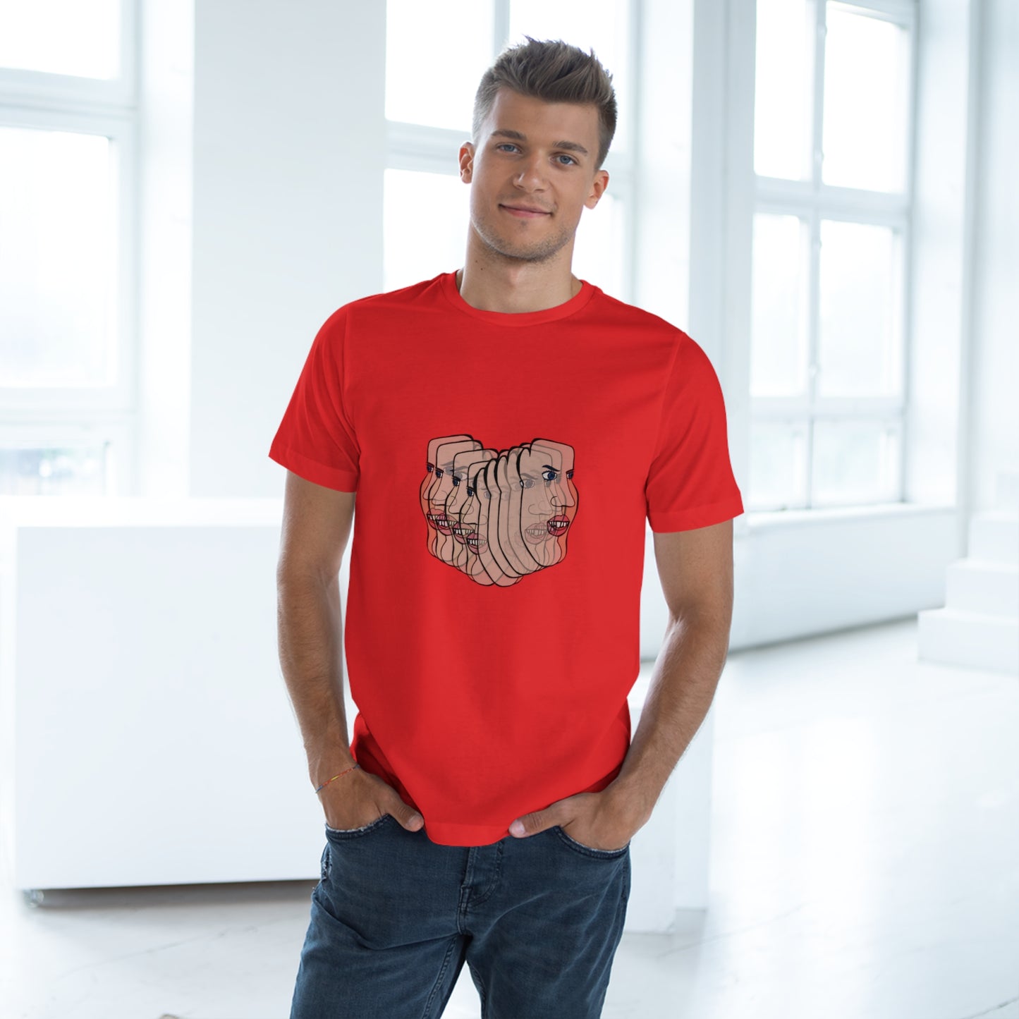 Man wearing red Charlie face t-shirt standing indoors, facing forward