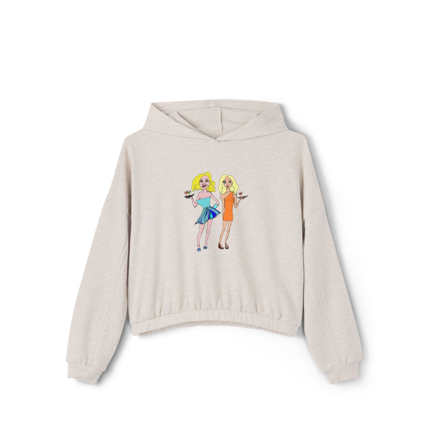 Flat lay of oatmeal-colored waitress hand-drawn hoodie, front design visible.
