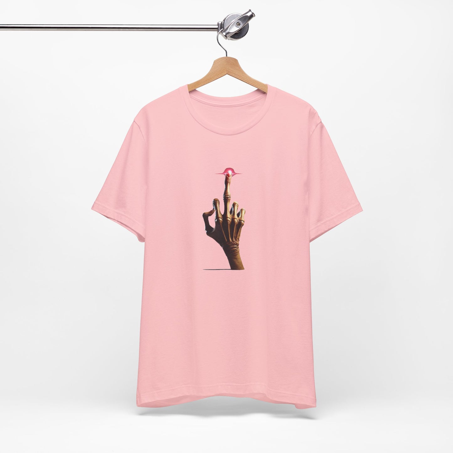 Pink E.T Unisex T-Shirt displayed on wooden hanger