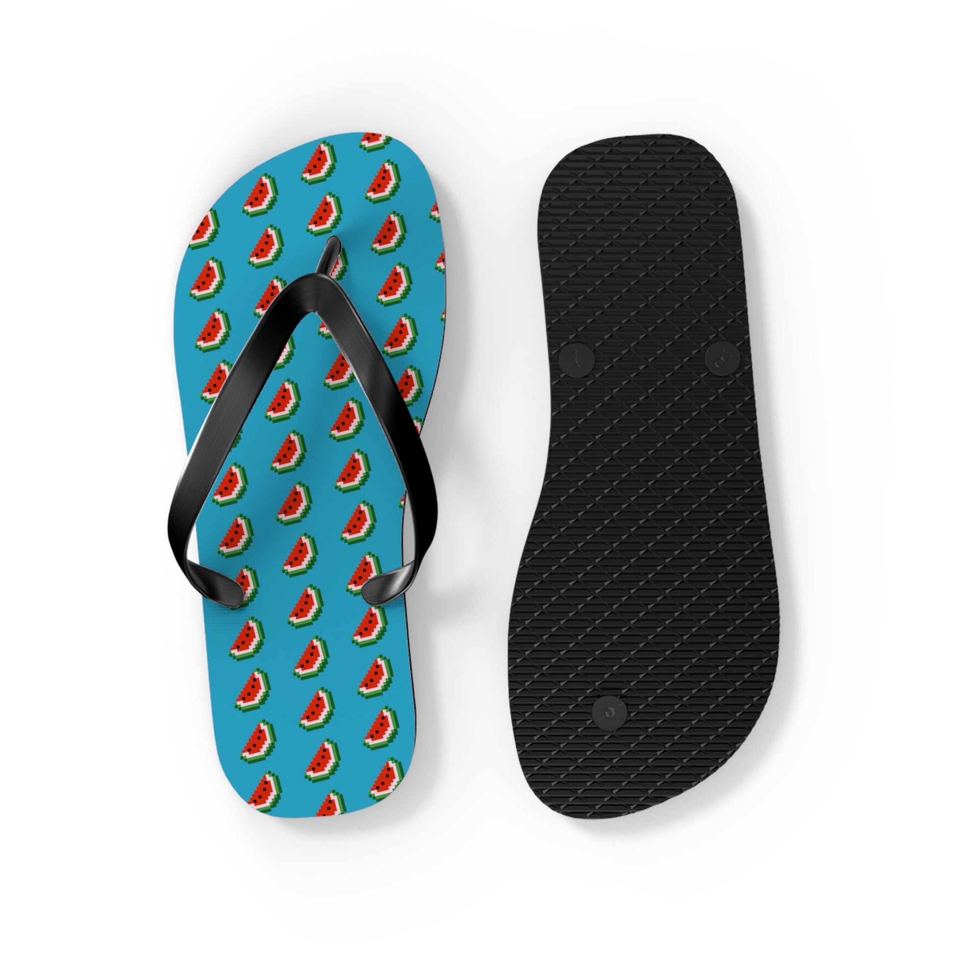 Flip-flop with watermelon pattern on a blue sole and black insole on a white background