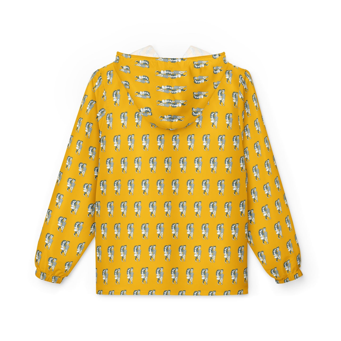Back view of Babes Windbreaker Jacket with repeated 80s-style junkie couple artwork on yellow.