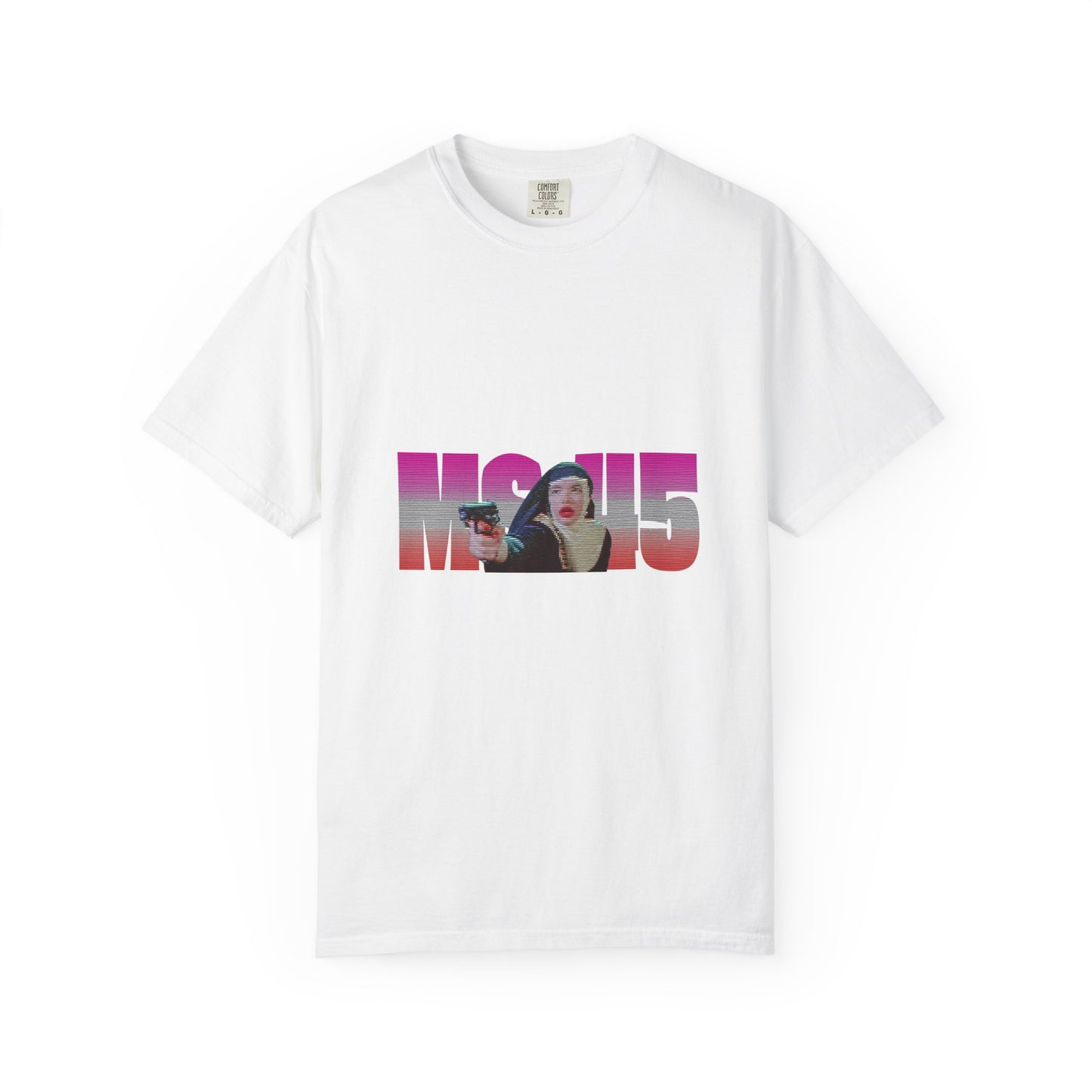 White Ms.45 T-Shirt flat lay with bold movie tribute design