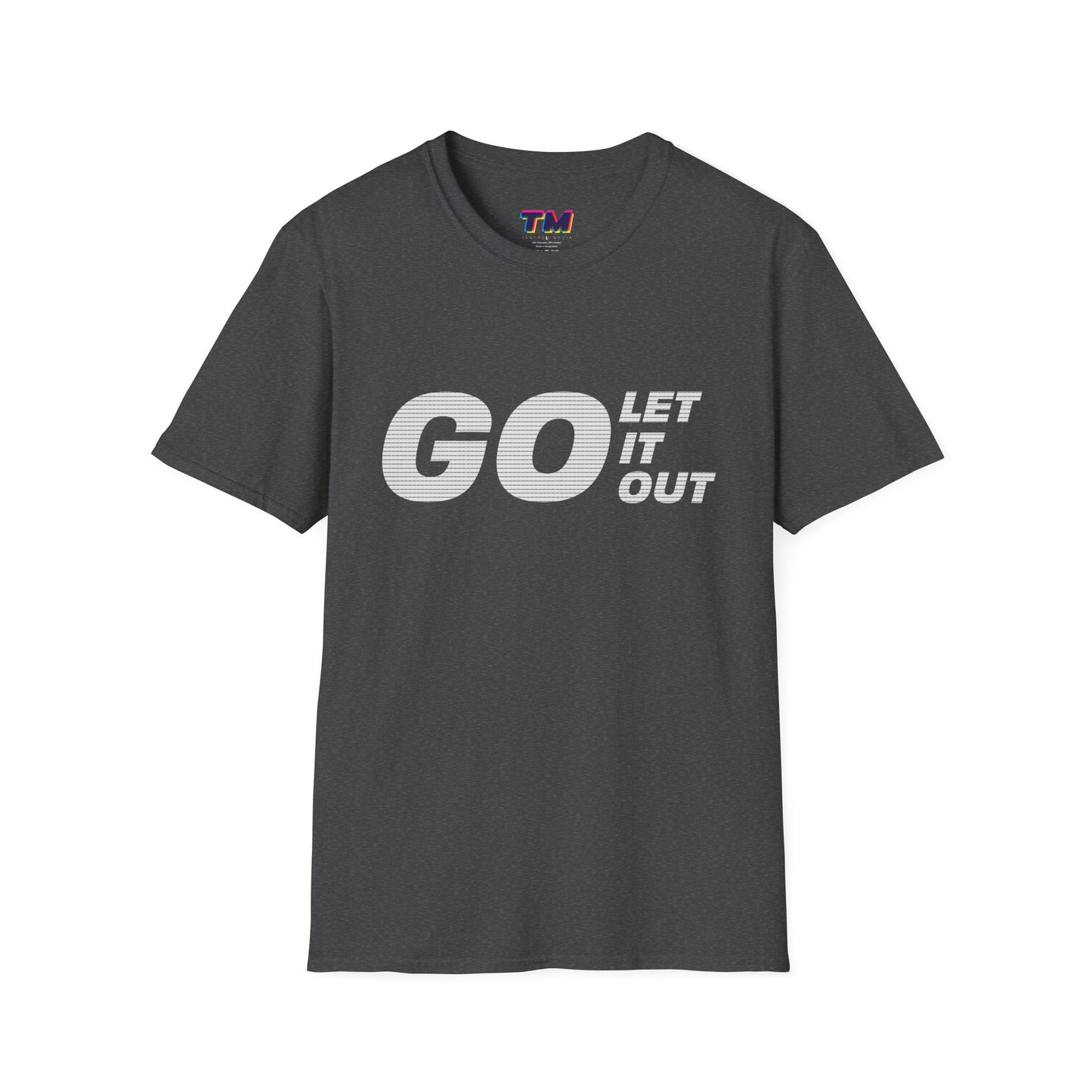 Dark gray Oasis Go Let It Out T-shirt on hanger-style mockup