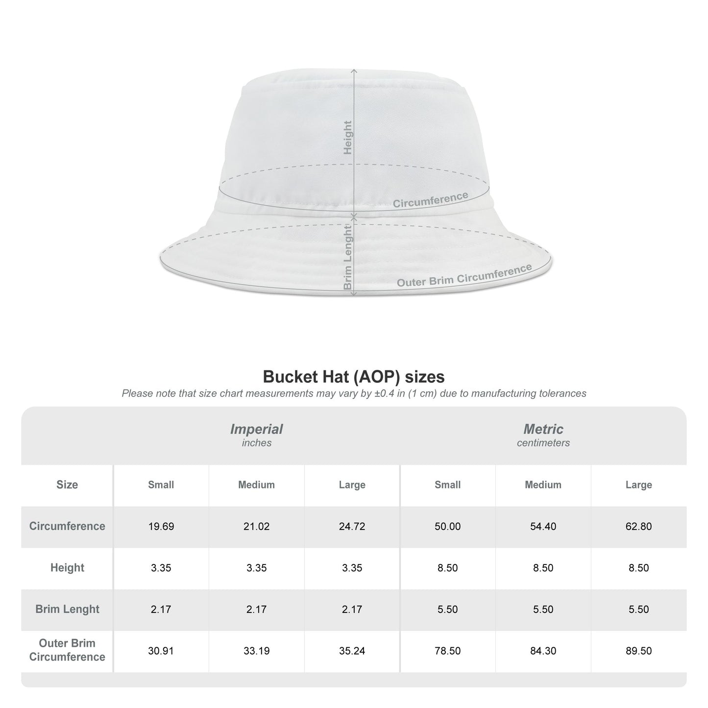 Size chart reference for Tinfoil Bucket Hat with measurements