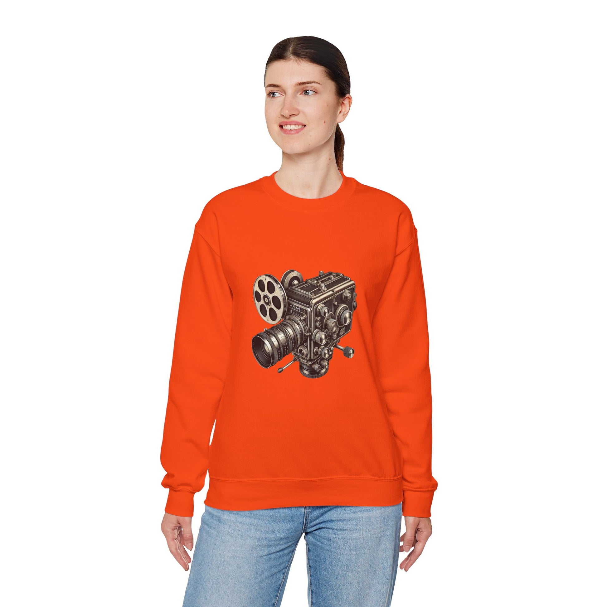 Model in orange Film Camera Sweatshirt, casual look.