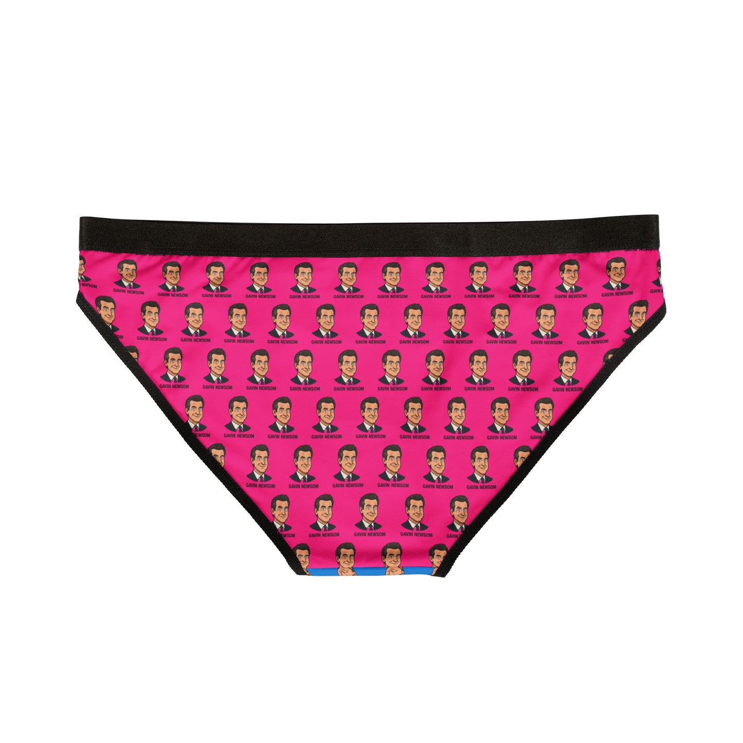 Flat lay of the back view of panties showcasing an all-over pink design with Gavin Newsom’s face in a repeating pattern.