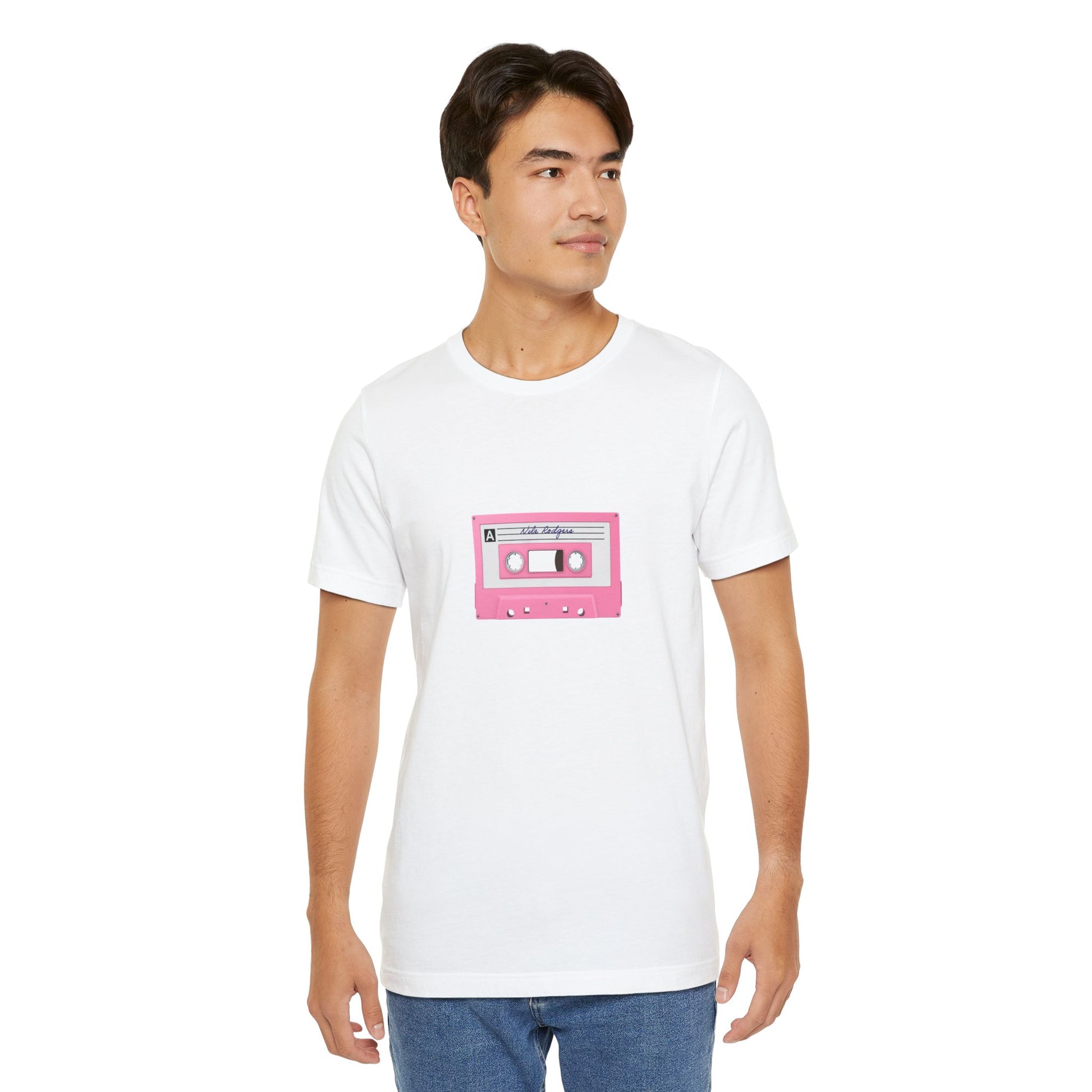 Man wearing a white t-shirt with a pink cassette tape graphic on a white background