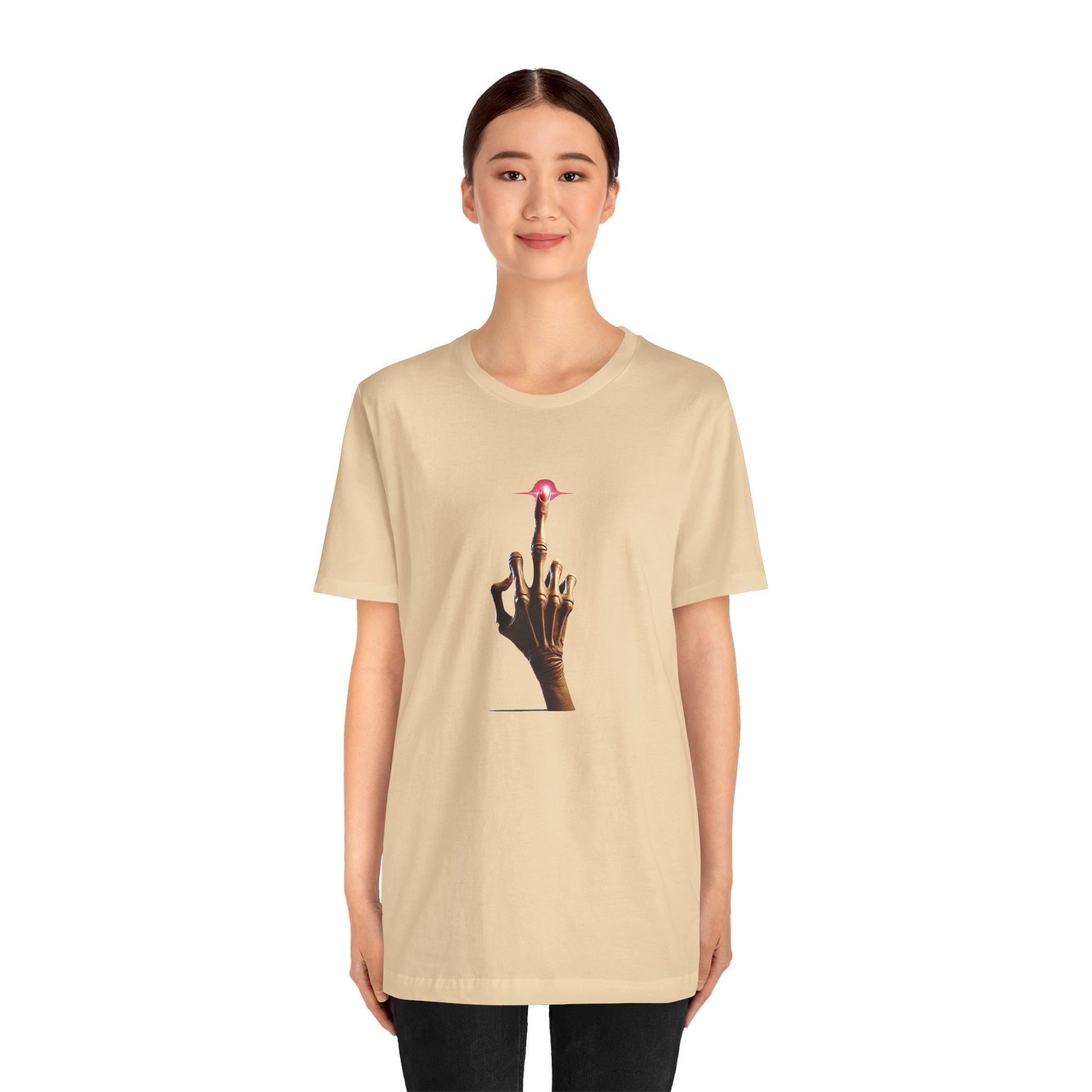 Woman in beige E.T Unisex T-Shirt against white background