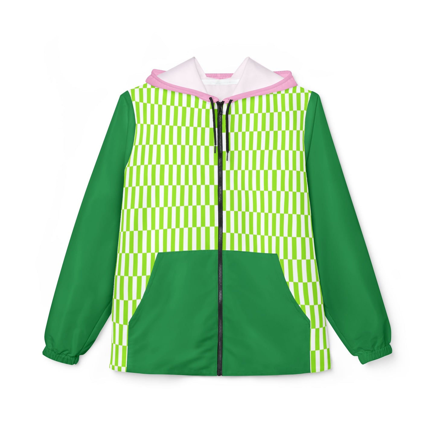 Front view of Fresh Vibes Windbreaker with green geometric pattern, pink hood, and green sleeves