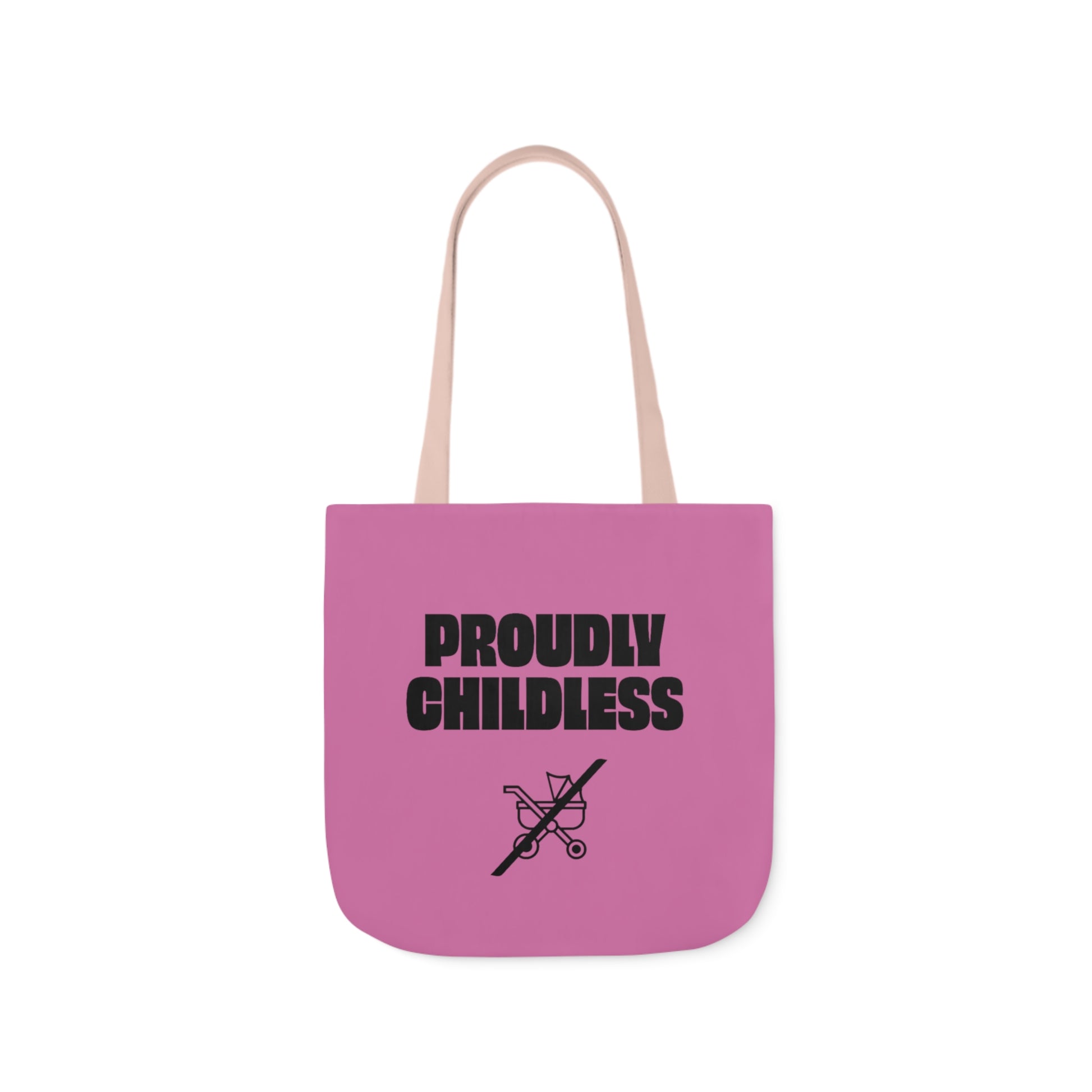 tote bag featuring the text "Proudly Childless" with a crossed-out stroller symbol