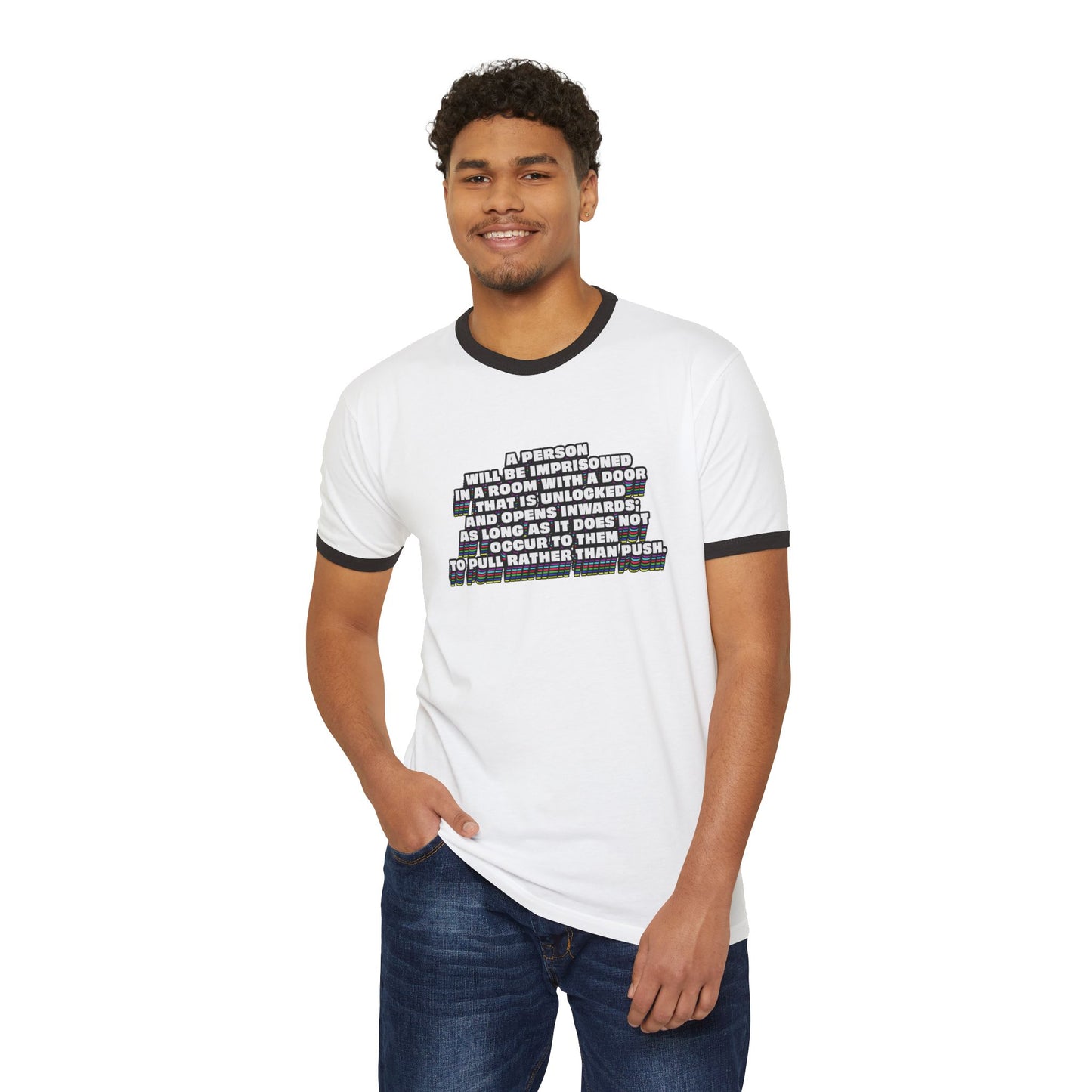 Man wearing white Clever Quote Unisex T-Shirt standing casual front view