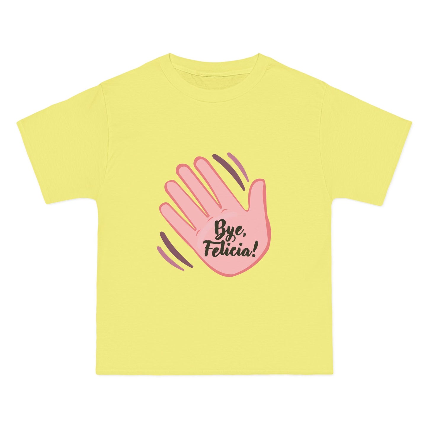 Flat lay yellow Bye Felicia T-Shirt with pink hand graphic
