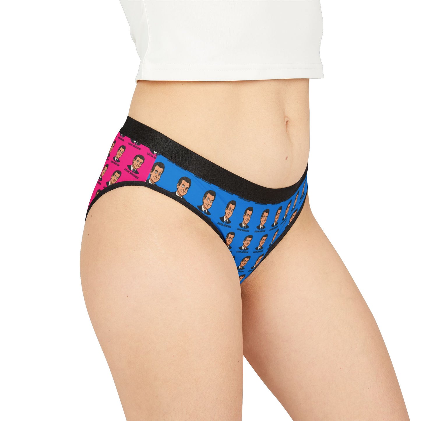 Model wearing women's bikini-cut panties featuring a Gavin Newsom print, with a split design of vibrant blue and pink panels.