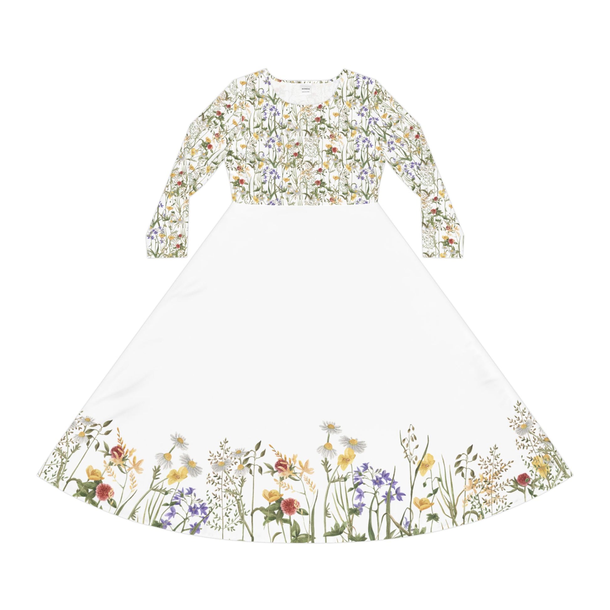 Flat lay of the Wildflower Bloom Long Sleeve Midi Dress showing floral pattern on the top and wildflower trim at the bottom of the white skirt.