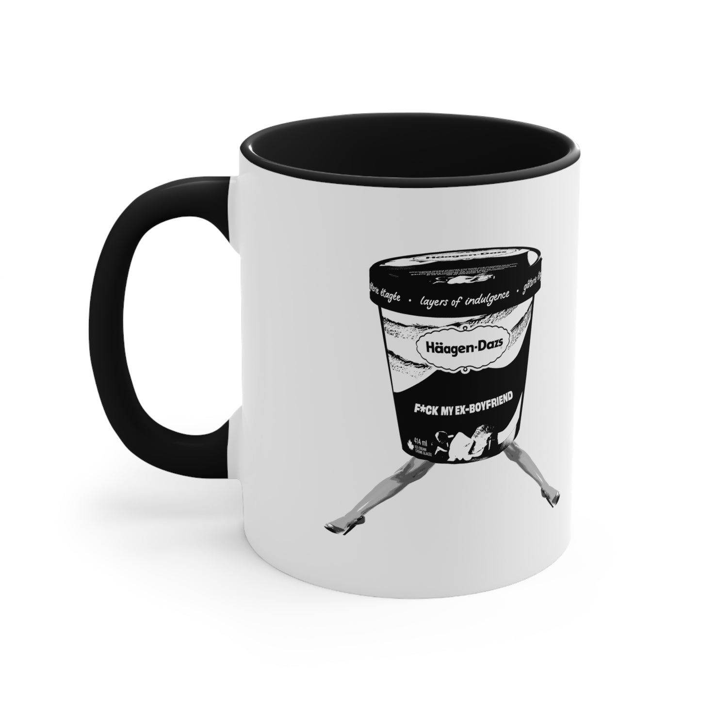 White mug with black interior and handle featuring bold breakup design