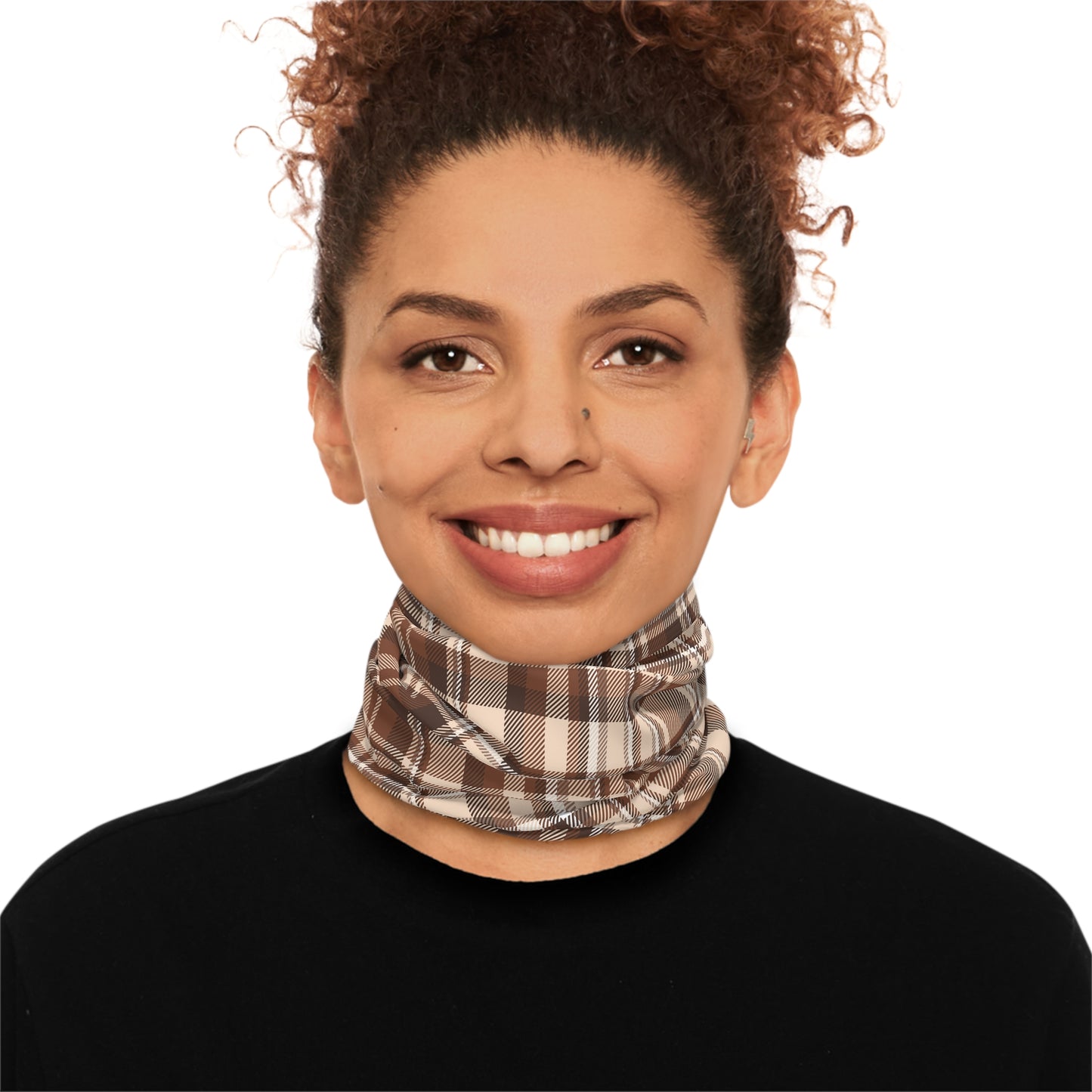 Brown Plaid Tube Scarf neck gaiter front view on female model smiling