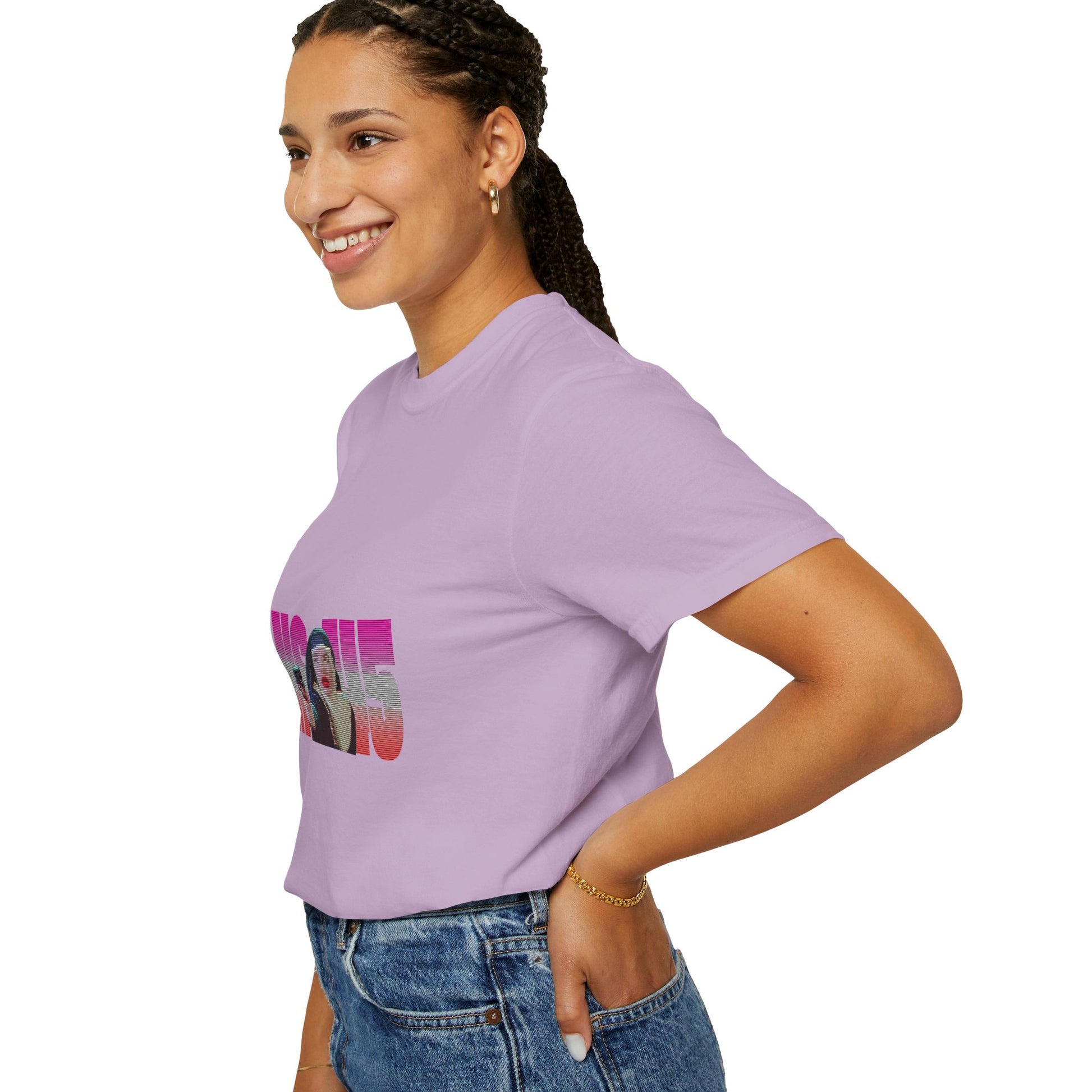 Woman wearing lavender Ms.45 T-Shirt smiling in side pose