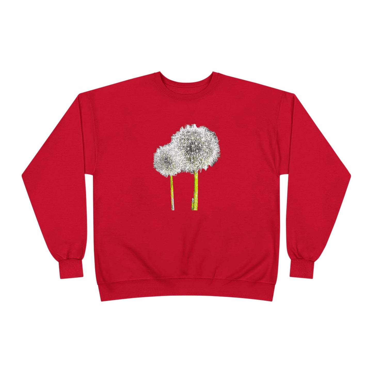 Red Tantrum Media Dandelion Unisex Sweatshirt with white dandelion print, flat on white background