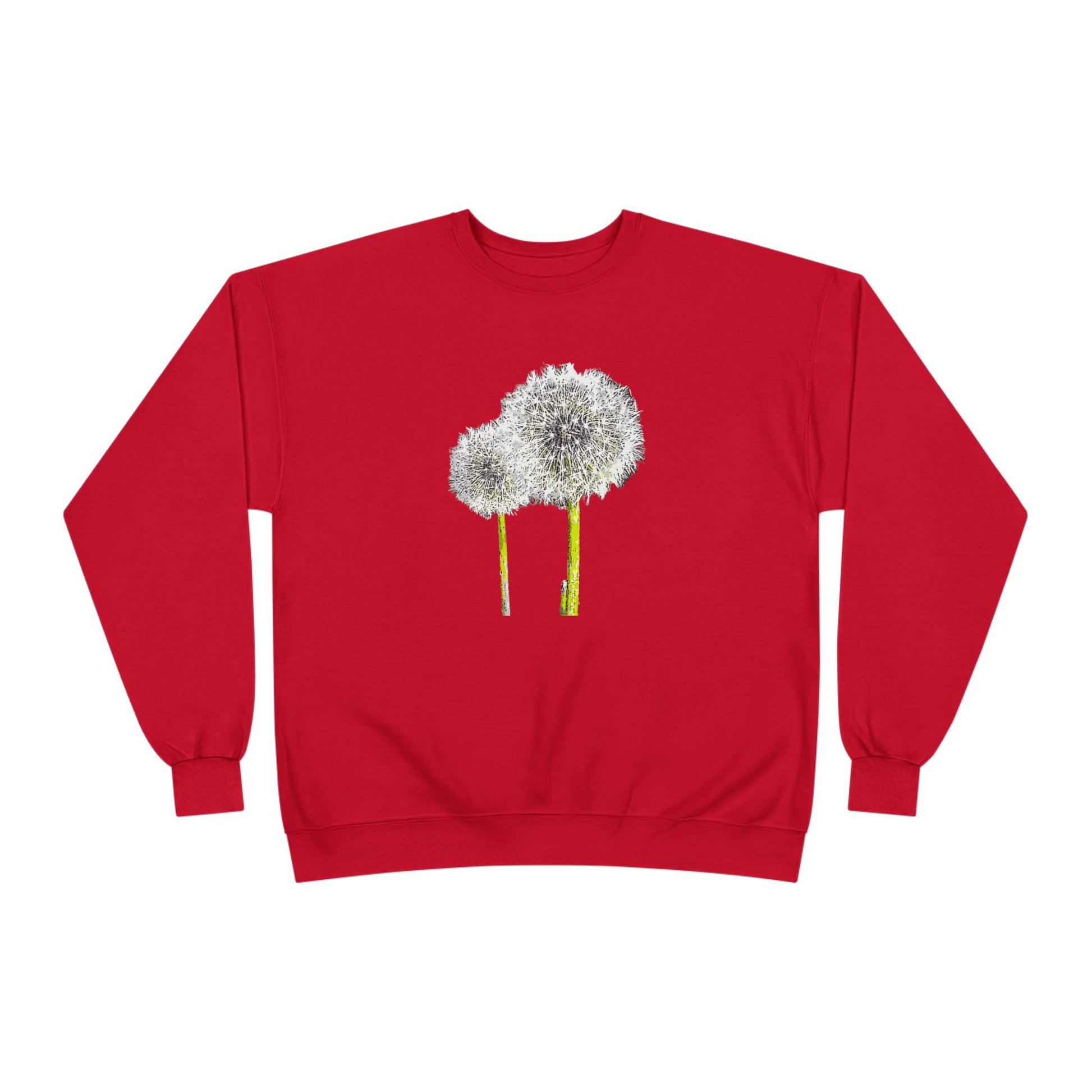 Red Tantrum Media Dandelion Unisex Sweatshirt with white dandelion print, flat on white background