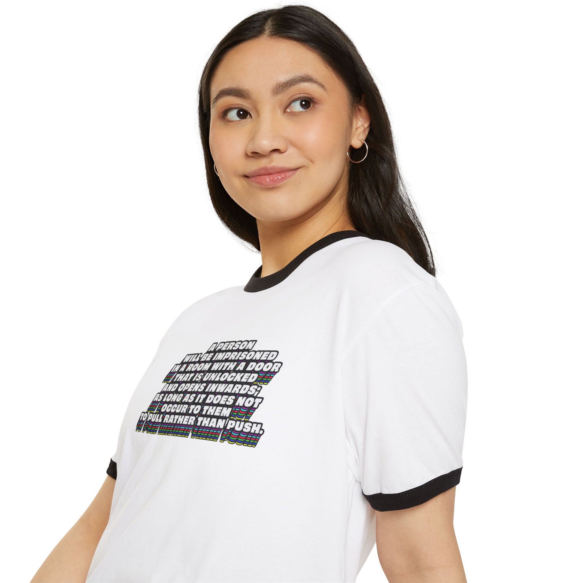 Side angle of woman in white Clever Quote Unisex T-Shirt with Wittgenstein quote