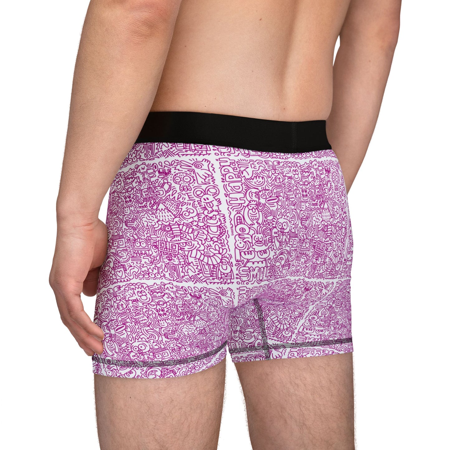 Male model side angle wearing Doodle Men’s Boxers with creative scribble print and waistband