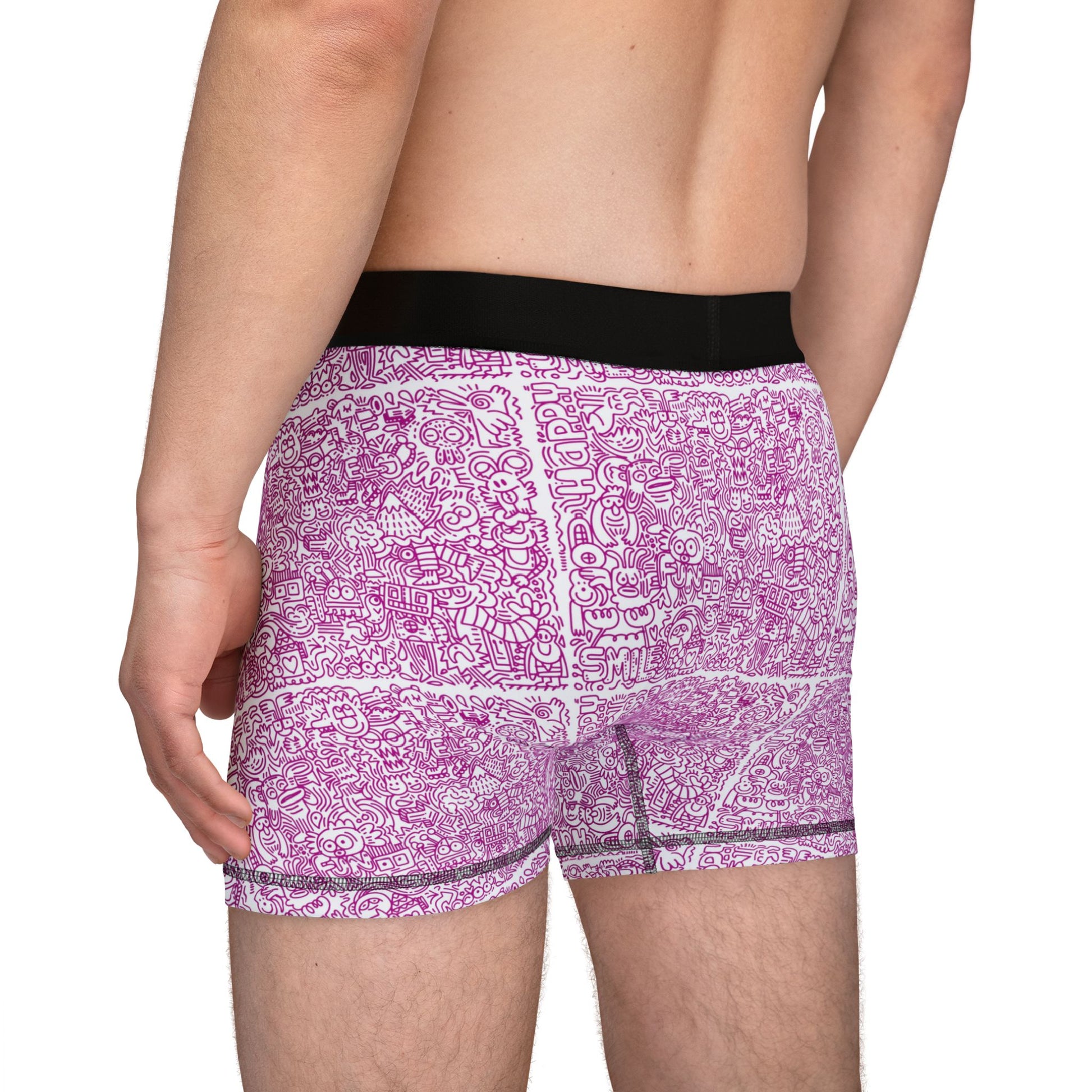 Male model side angle wearing Doodle Men’s Boxers with creative scribble print and waistband