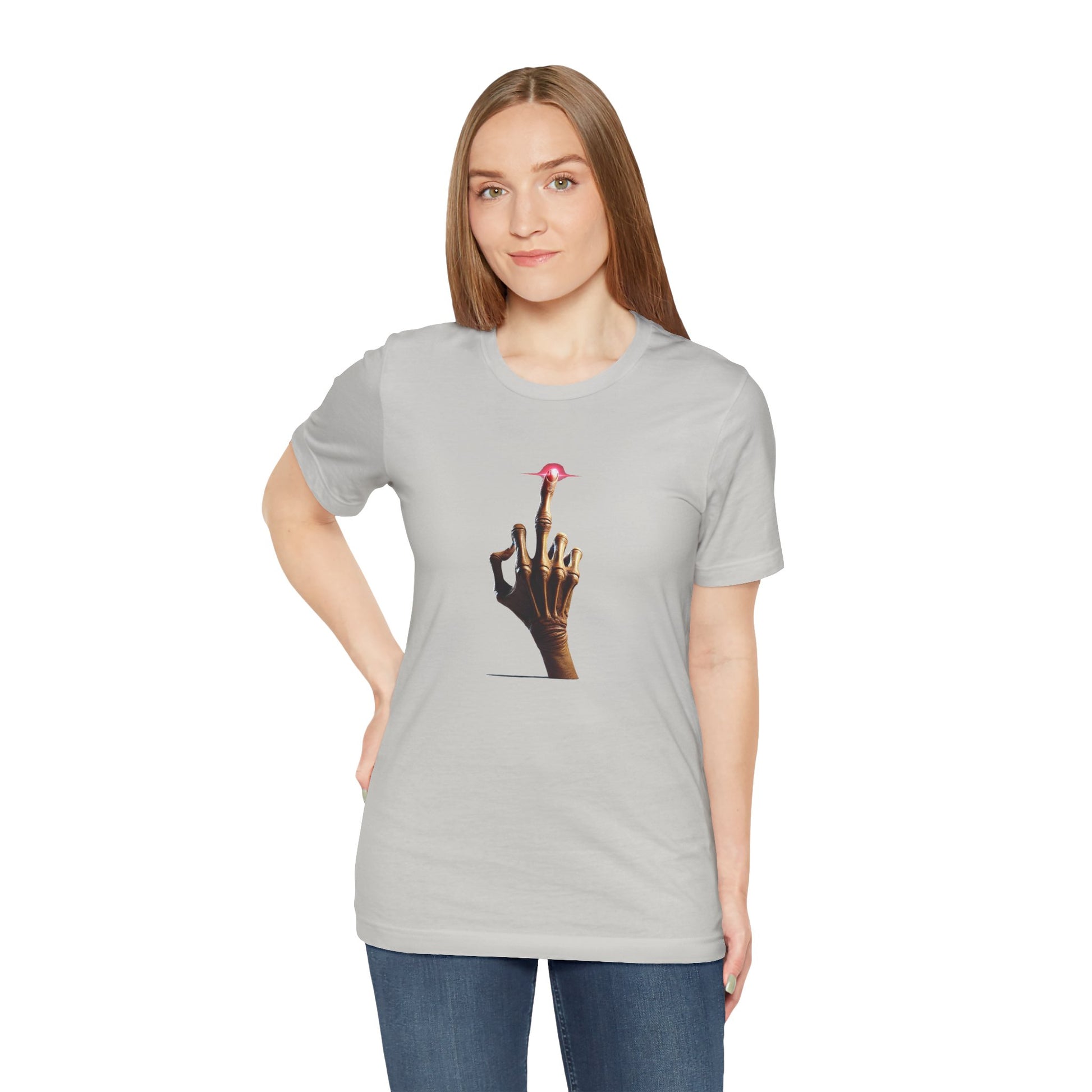 Model posing in light gray E.T Unisex T-Shirt