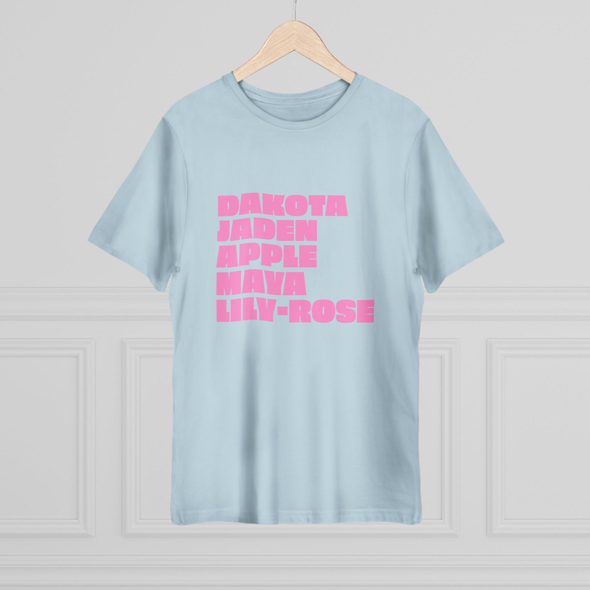 Light blue Nepo Babies List T-Shirt with pink lettering on hanger