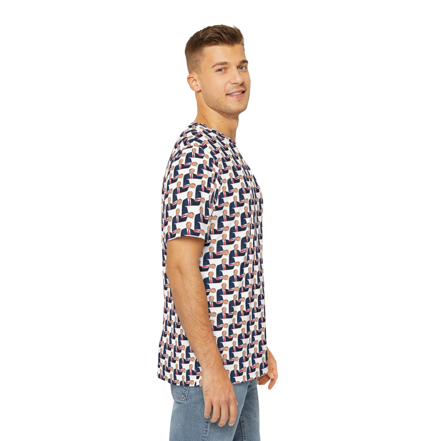 Side view of man modeling The Donald men’s T-shirt with bold graphic design