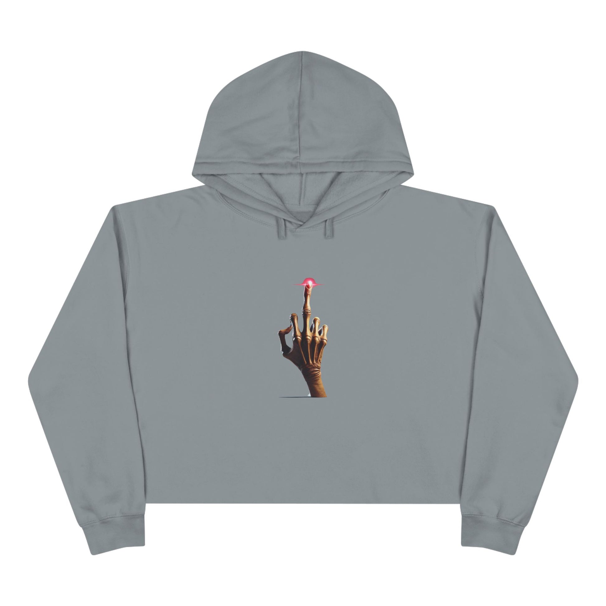 A grey crop hoodie with a minimalist E.T.-inspired graphic of a hand with an extended glowing finger touching a small red spaceship.