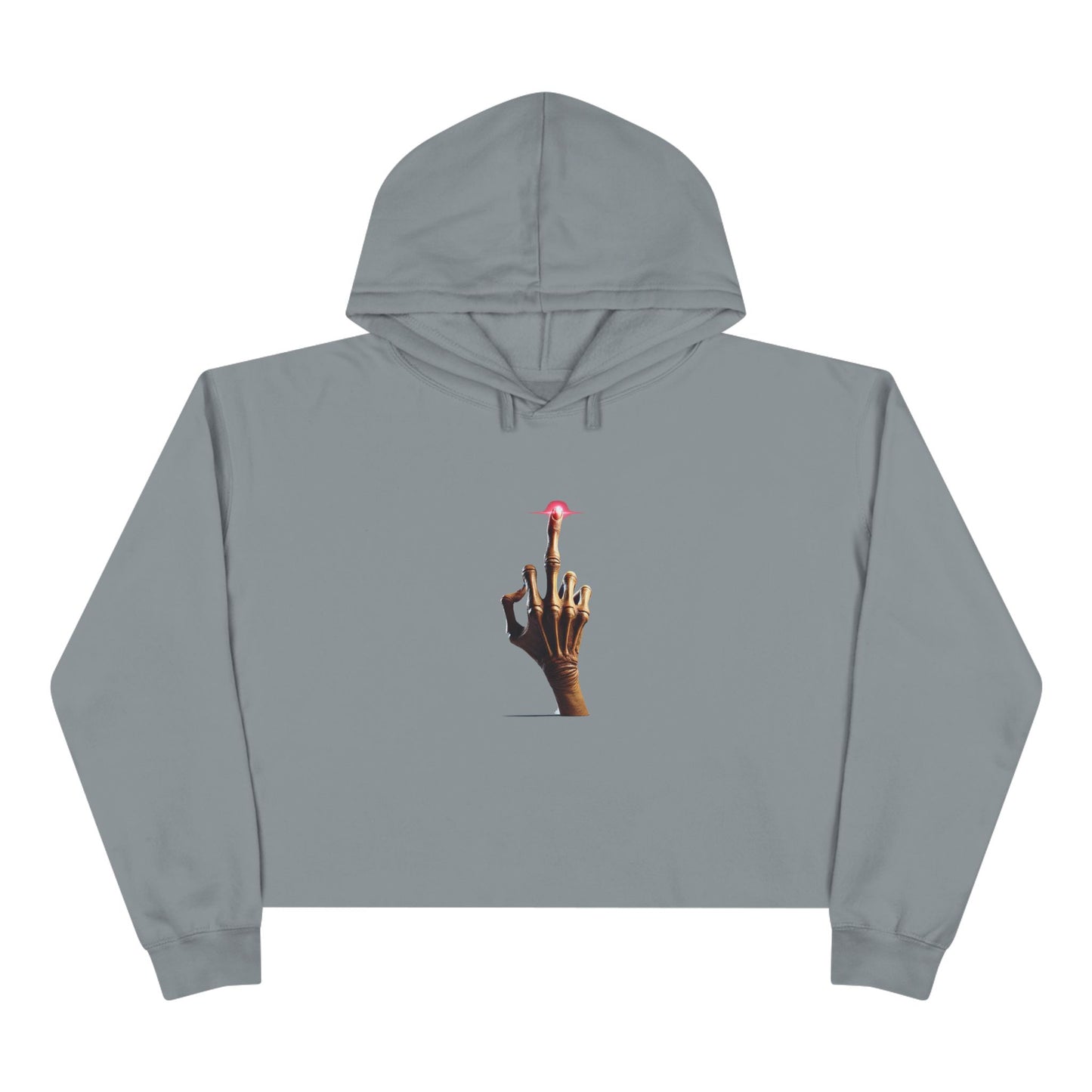 A grey crop hoodie with a minimalist E.T.-inspired graphic of a hand with an extended glowing finger touching a small red spaceship.