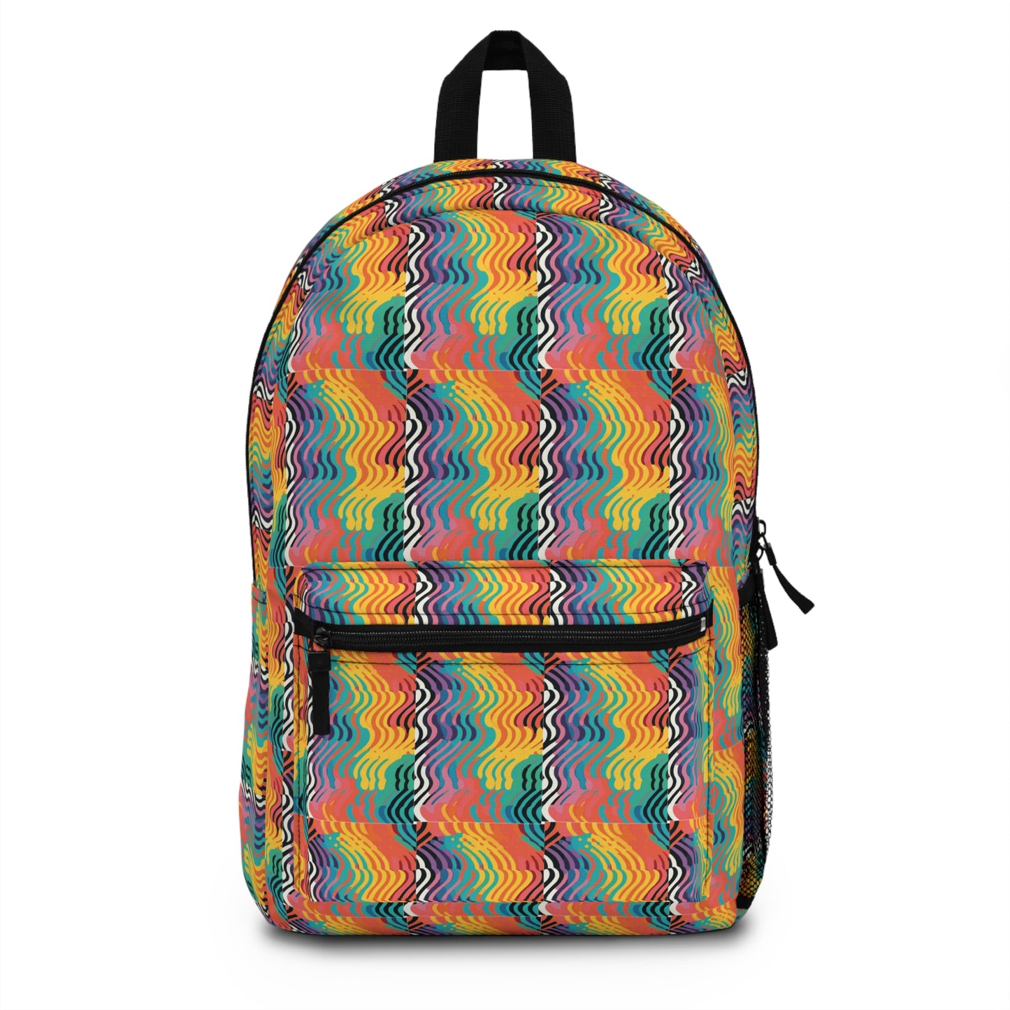 Rainbow wave-patterned backpack with bold multicolor design.