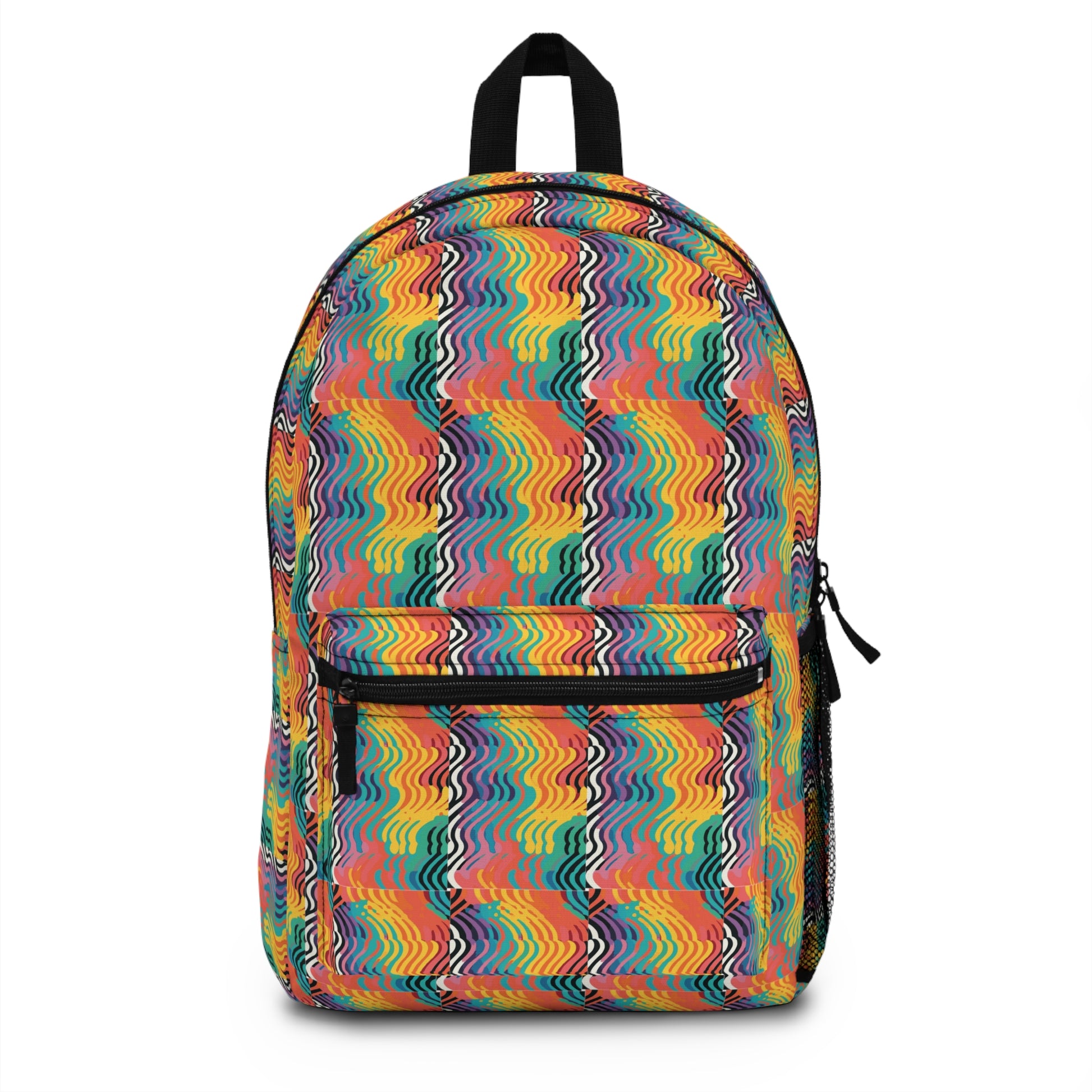 Rainbow wave-patterned backpack with bold multicolor design.