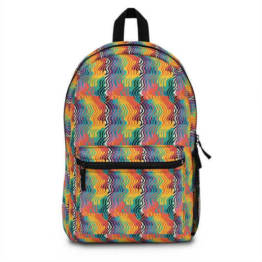 Rainbow wave-patterned backpack with bold multicolor design.