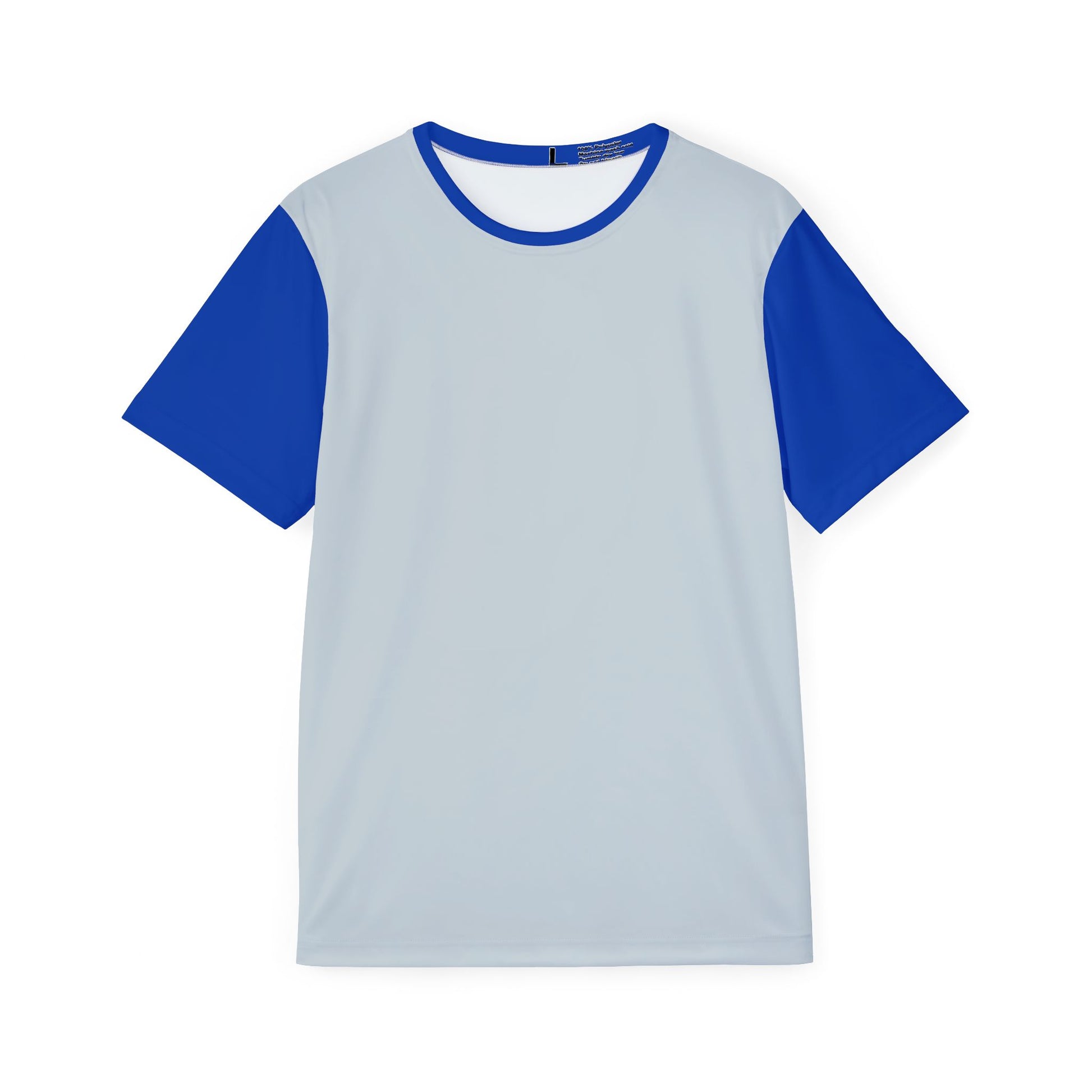 Flat lay of front of Let's Go Yankees men's sports jersey with light gray body and blue sleeves