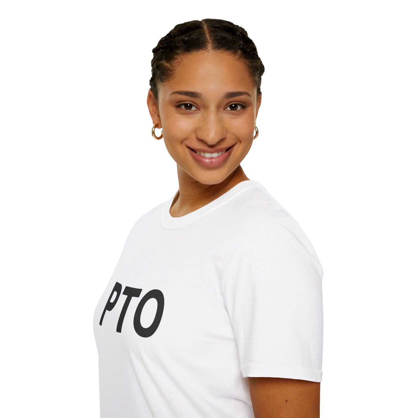 Person wearing a white t-shirt with 'OPTO' printed on it against a white background