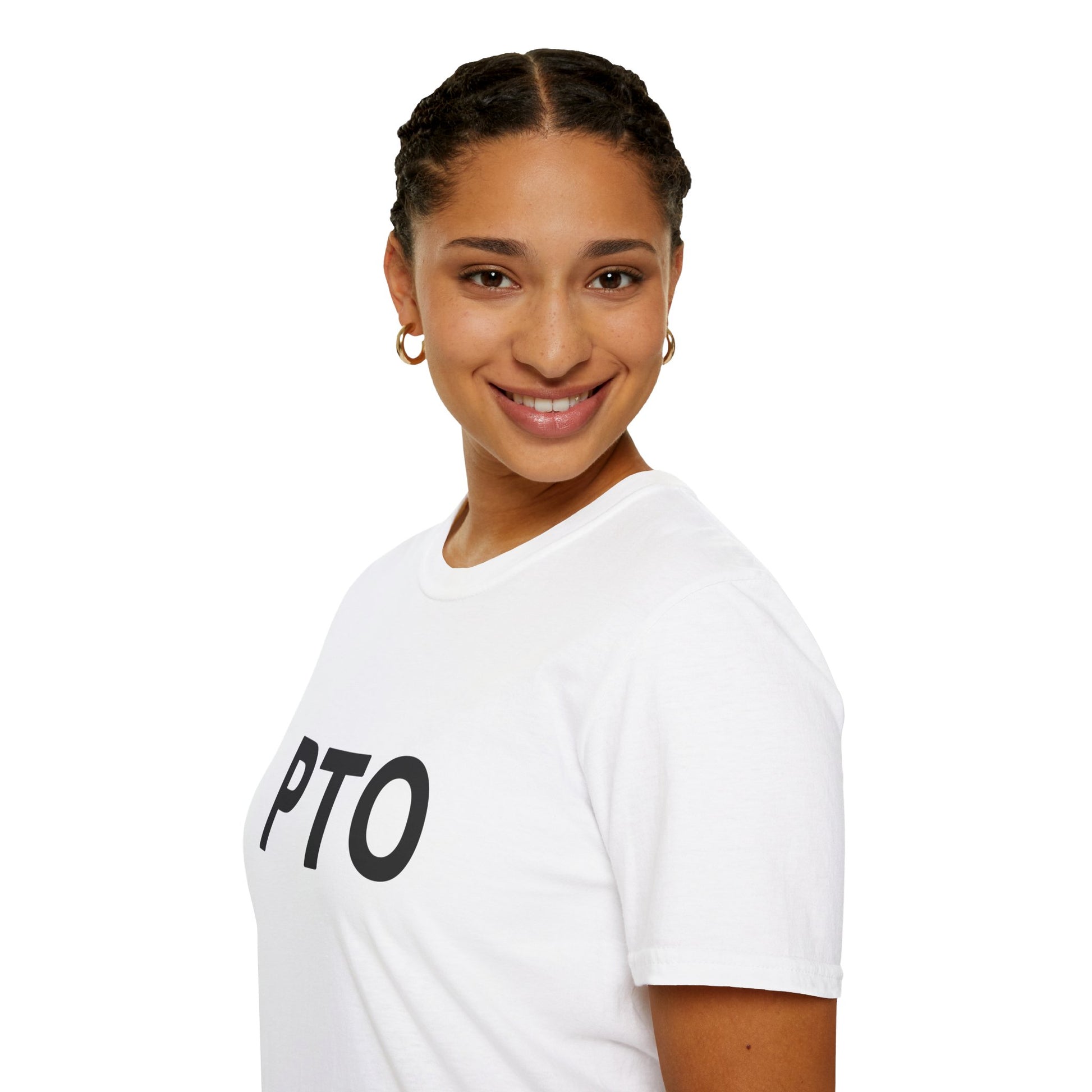 Person wearing a white t-shirt with 'OPTO' printed on it against a white background