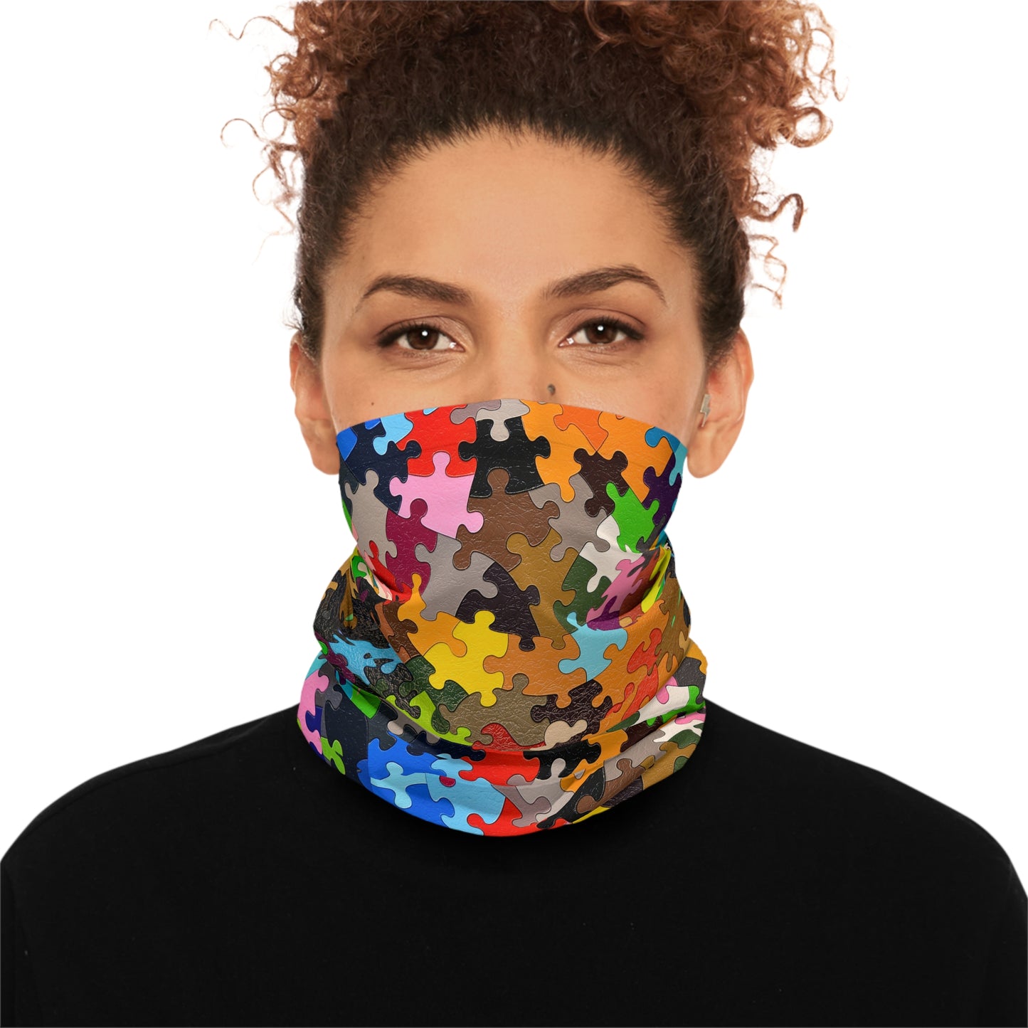 Multicolored Puzzle Tube Scarf worn as neck gaiter front view female model