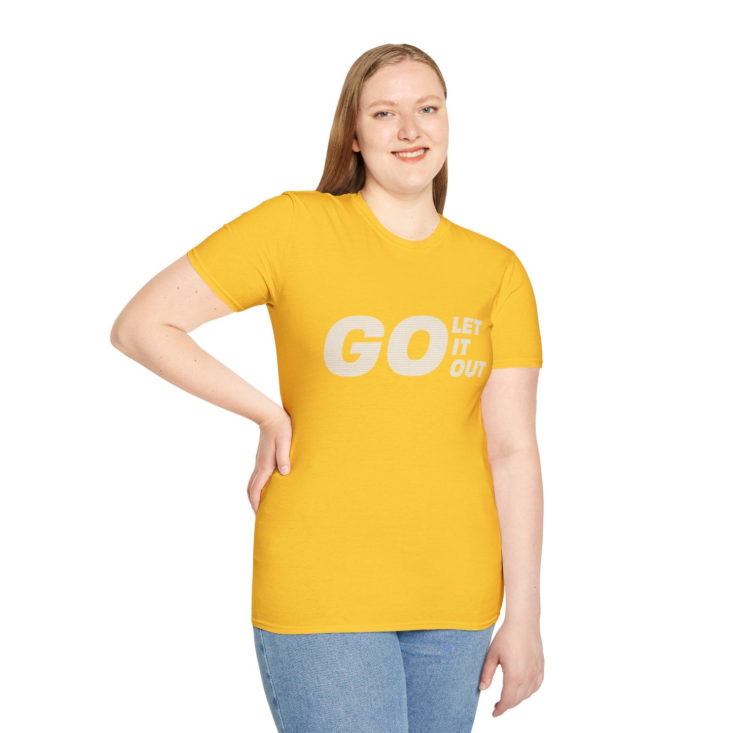 Woman wearing yellow Oasis Go Let It Out T-shirt, standing with smile