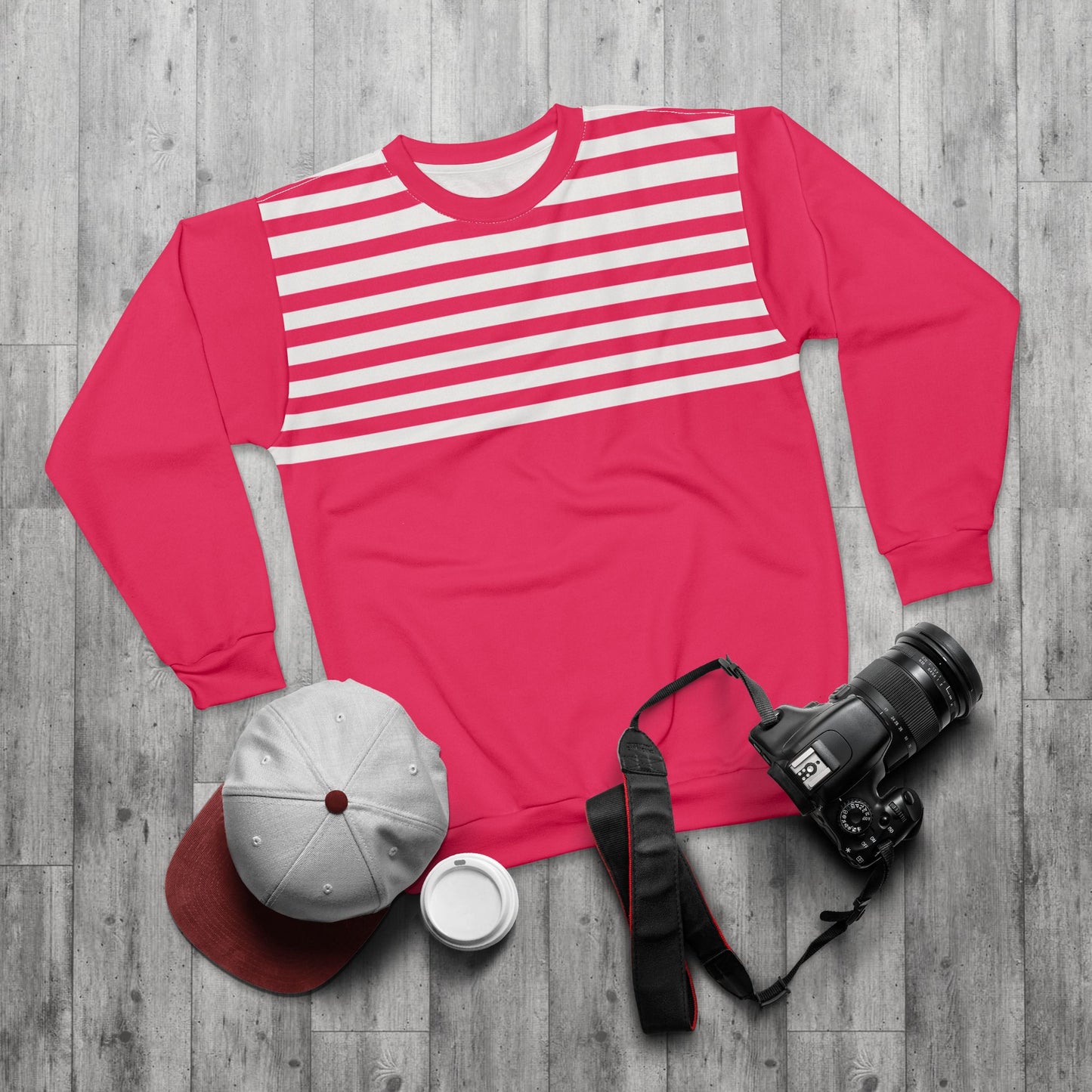 Pink Striped Sweatshirt outfit flat lay with accessories